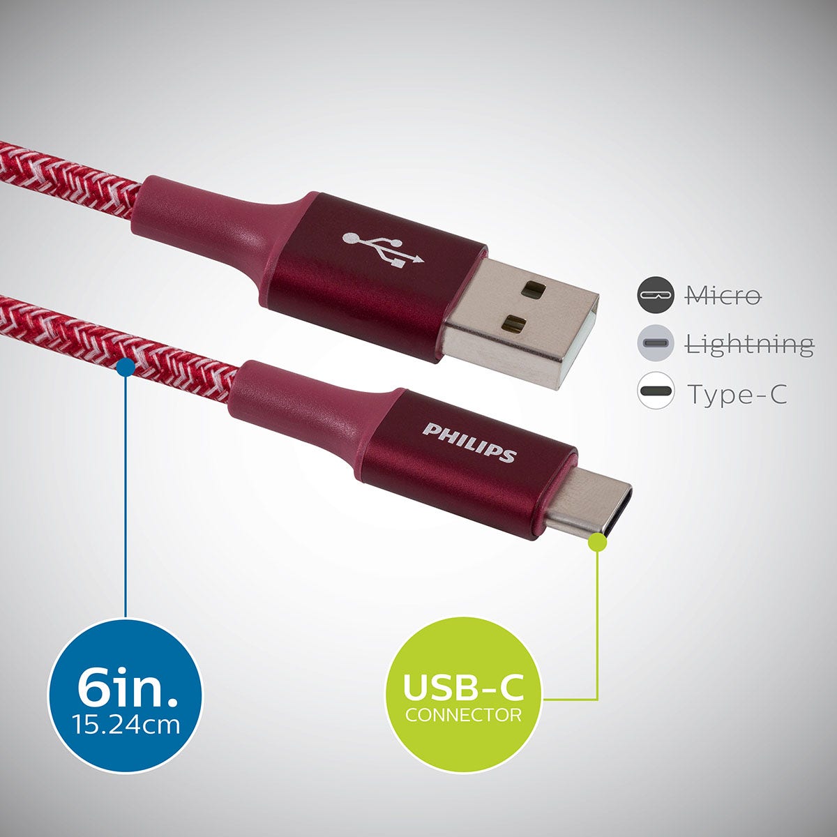Philips 6in. USB-A to USB-C Braided Charging Cable, Brick Red
