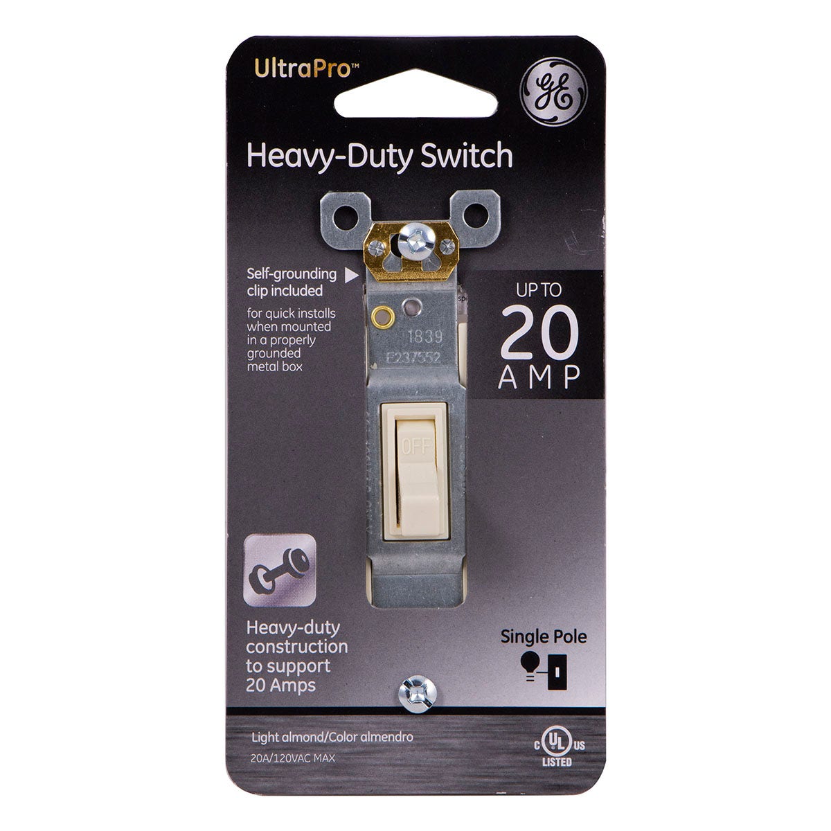 GE UltraPro Single Pole Heavy-Duty Toggle Switch, Light Almond