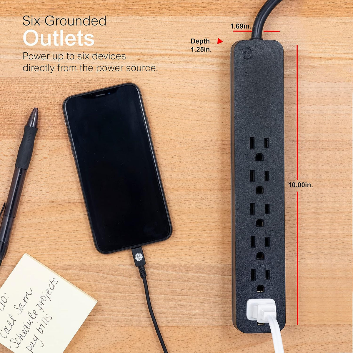 GE 6-Outlet Surge Protector, 1500J, 8ft. Black