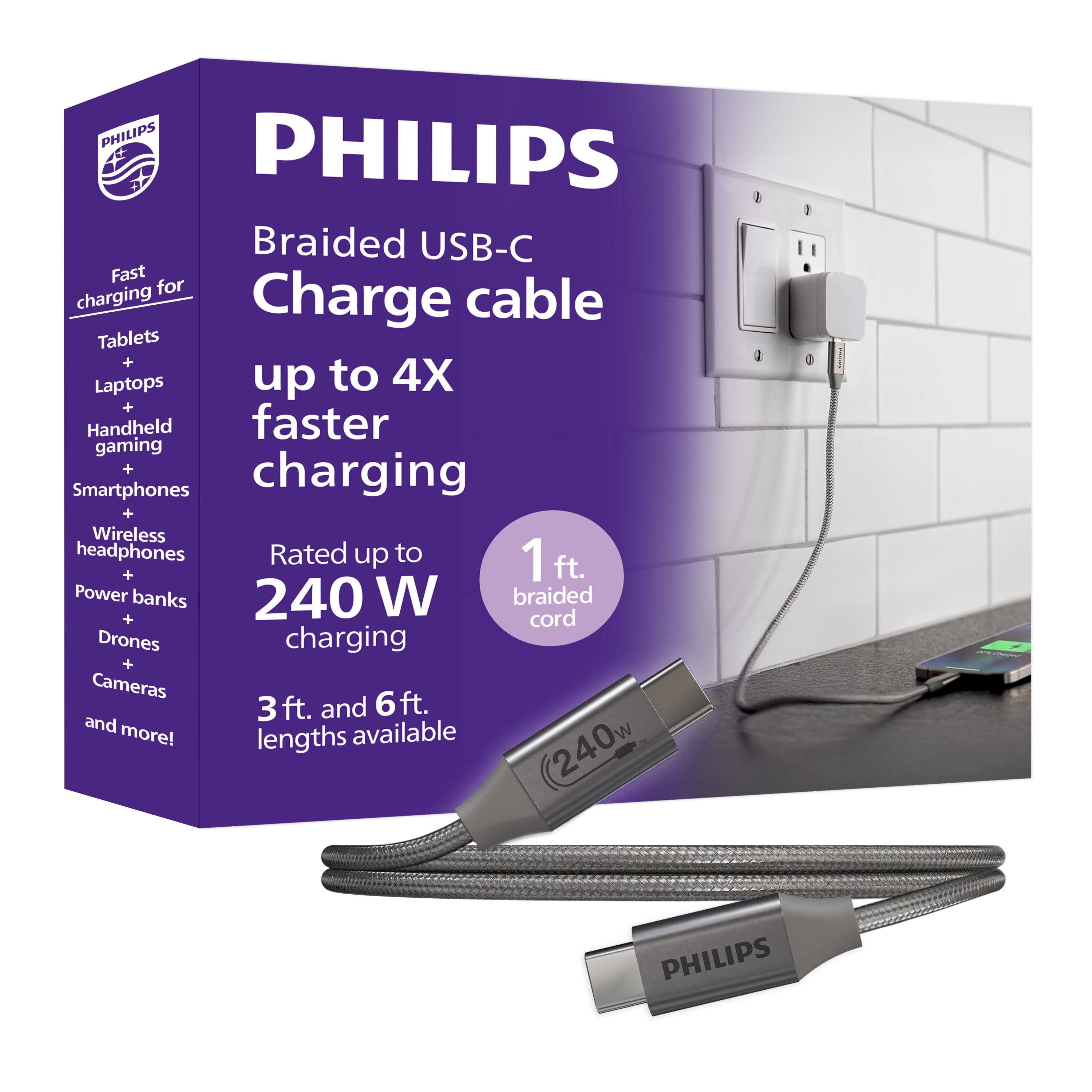 Philips Elite USB-C to USB-C Cable, 1ft, Braided Cord, Black/Gray Heather