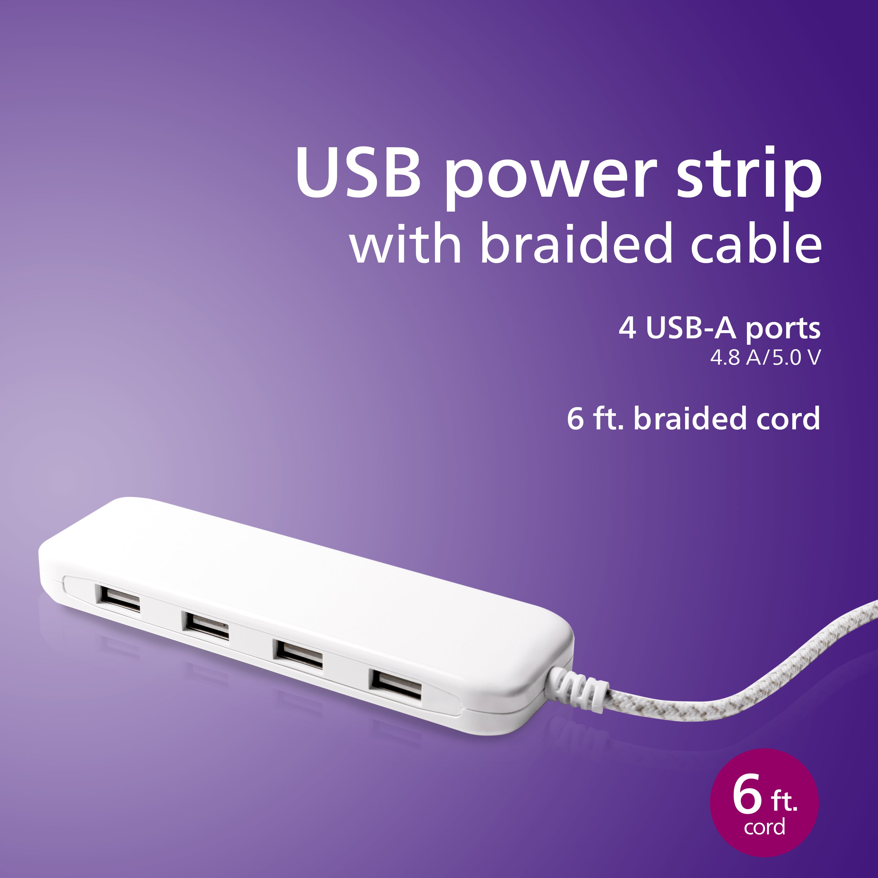 Philips USB Extension Bar, 4 USB-A ports, 4.8A, 24W, 6ft Braided Cord, White