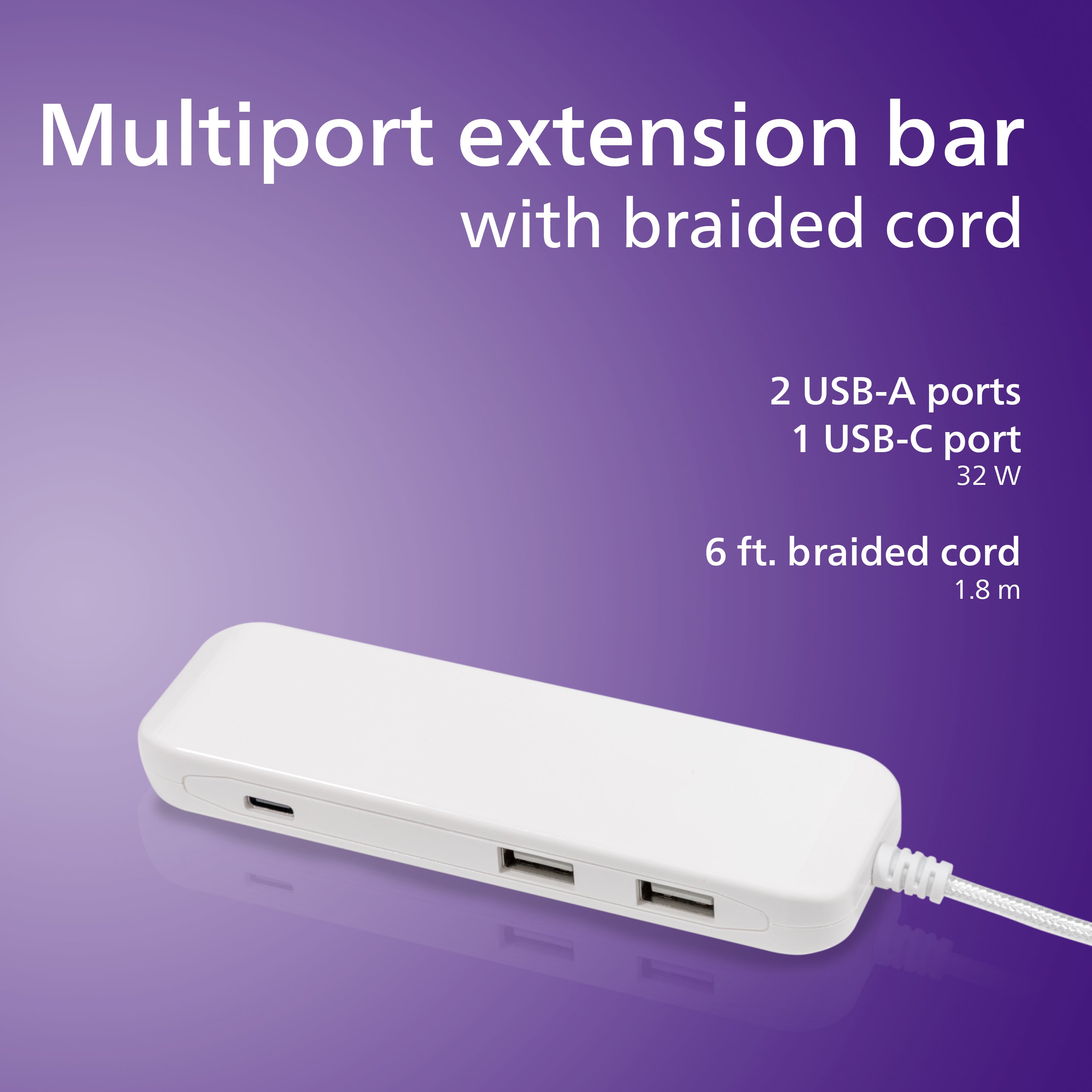 Philips USB Extension Bar, 3 ports, 2 USB-A ,1 20W USB-C, 32W Total, 6ft. Cable, White