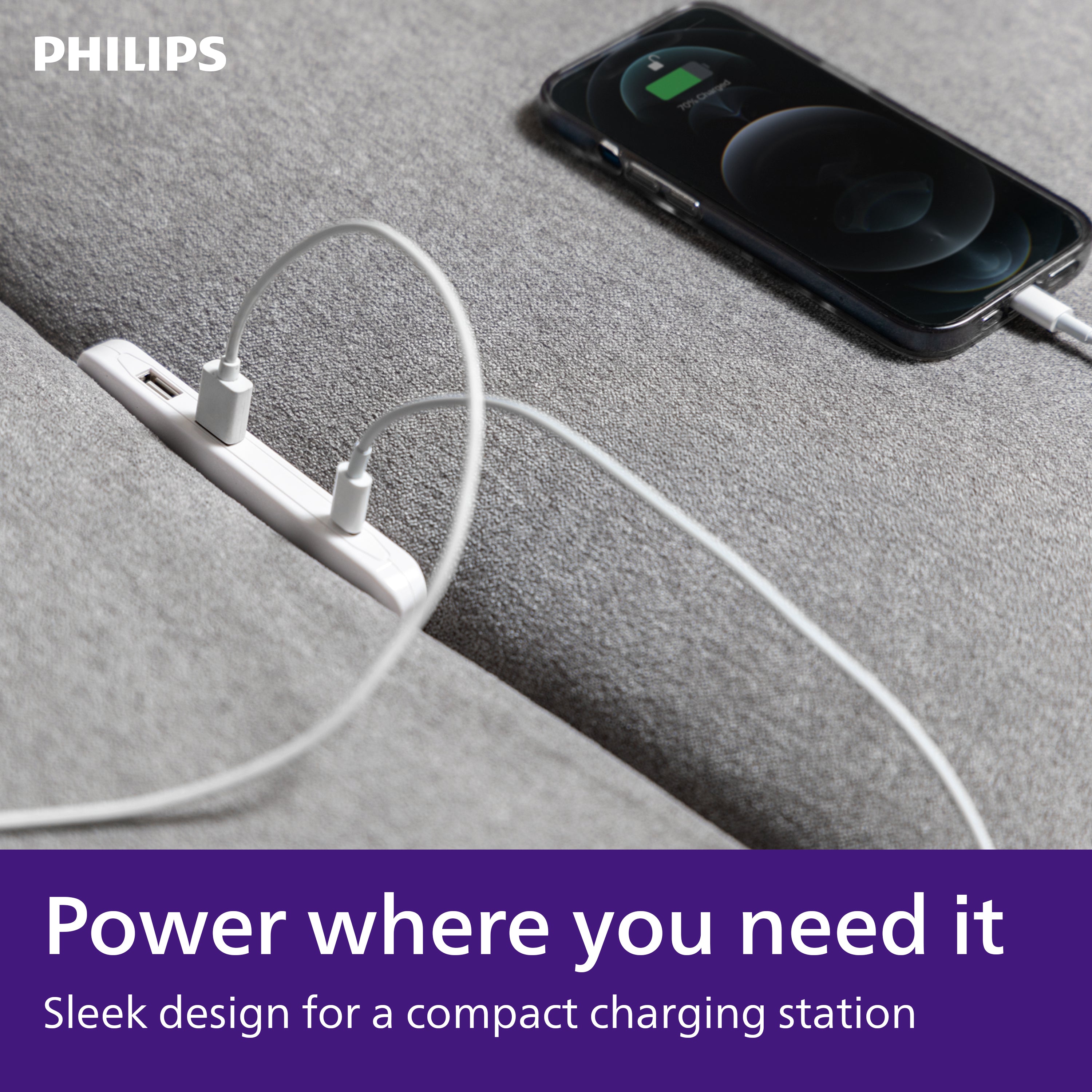 Philips USB Extension Bar, 3 ports, 2 USB-A ,1 20W USB-C, 32W Total, 6ft. Cable, White