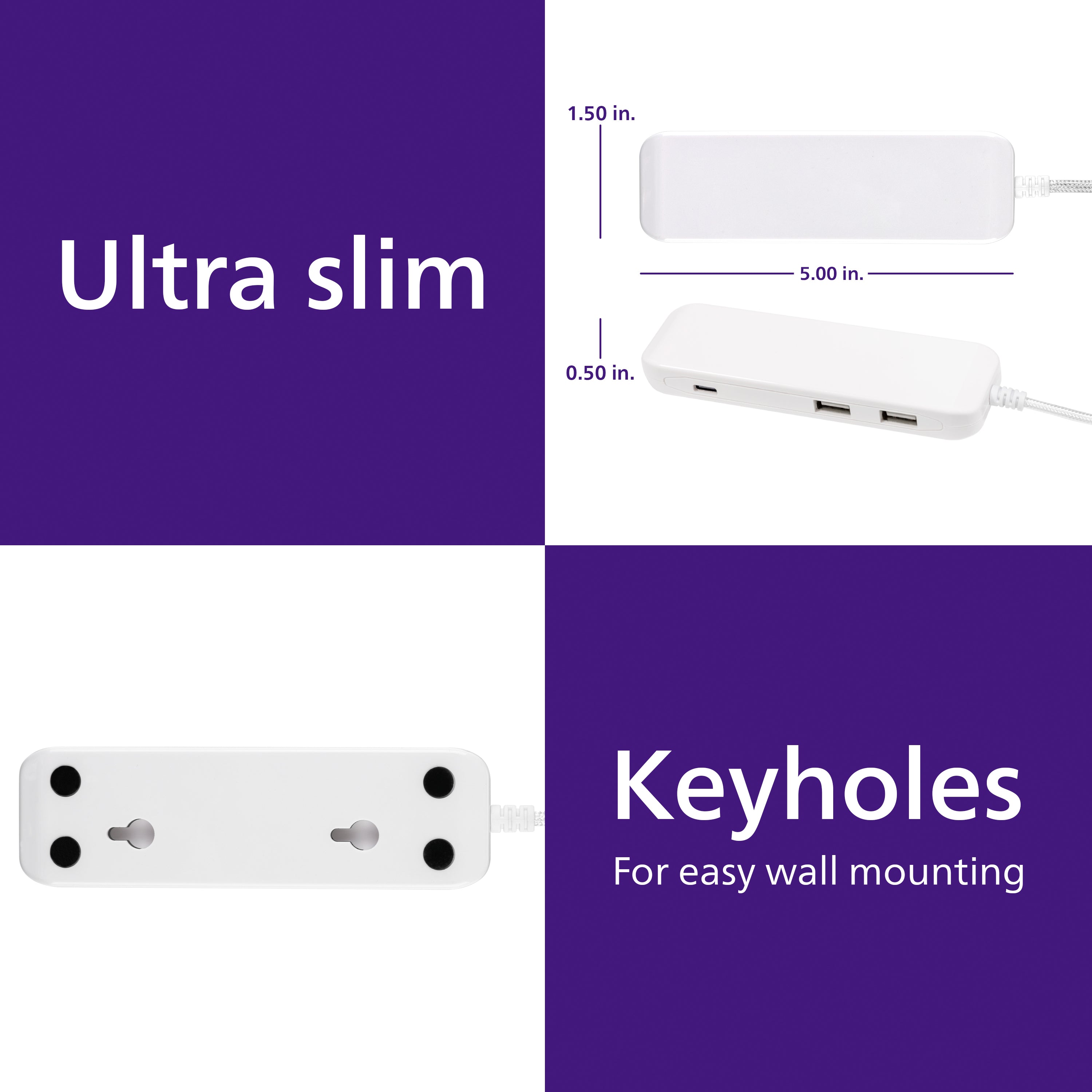 Philips USB Extension Bar, 4 USB-A ports, 4.8A, 24W, 6ft Braided Cord, White