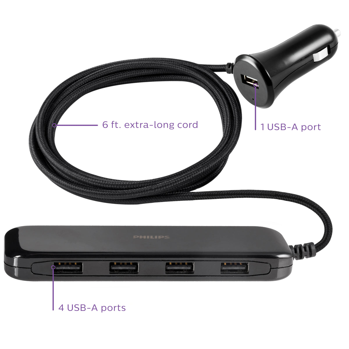 Philips DC USB Extension Bar, 5 Ports, 31.5W, 6ft. Cable, Black