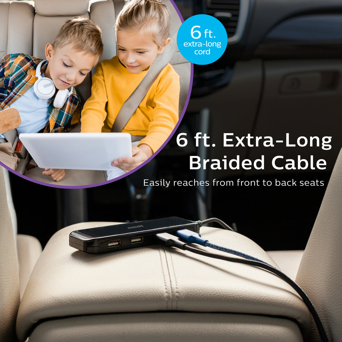 Philips DC USB Extension Bar, 5 Ports, 31.5W, 6ft. Cable, Black