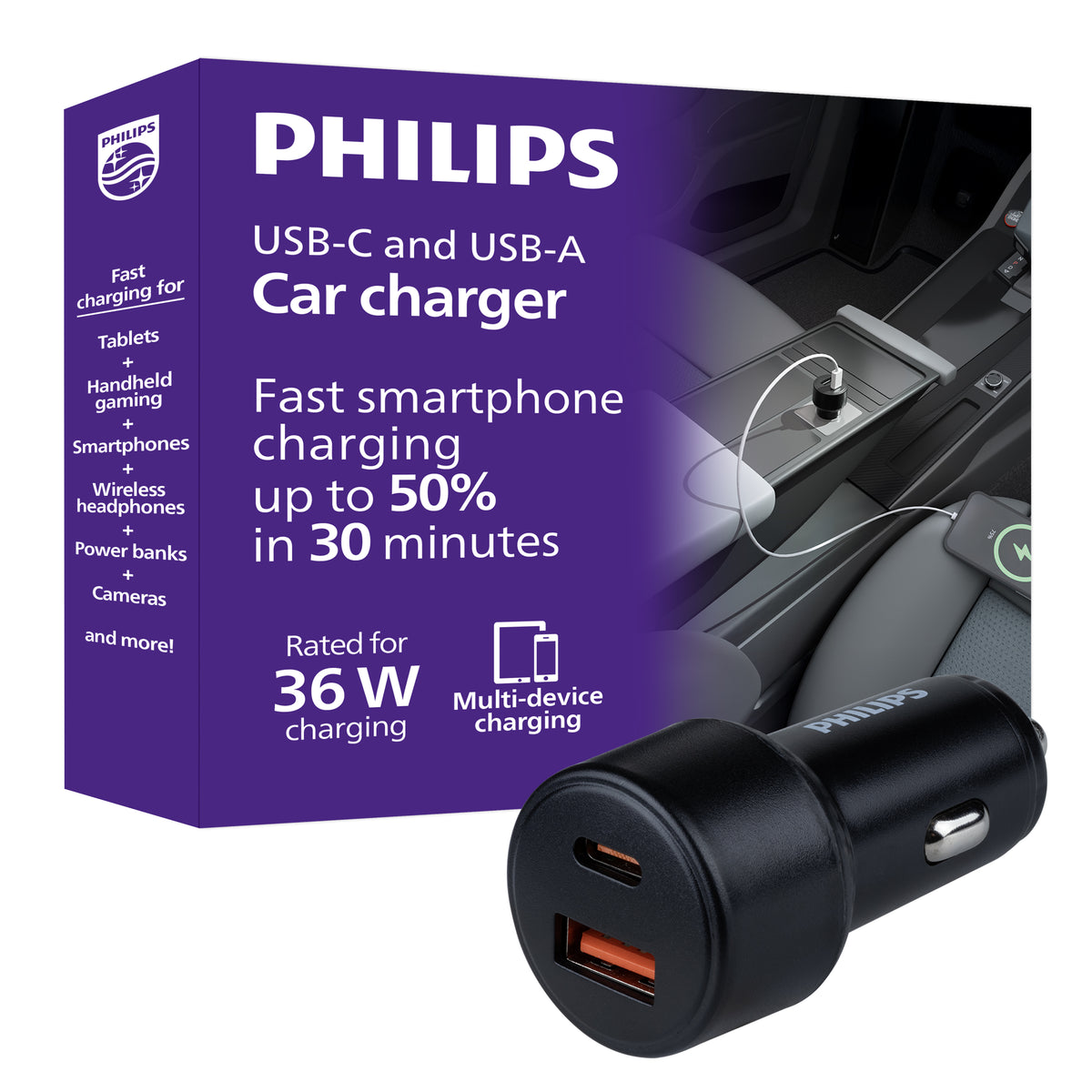 Philips Dual USB Car Charger USB-A and USB-C
