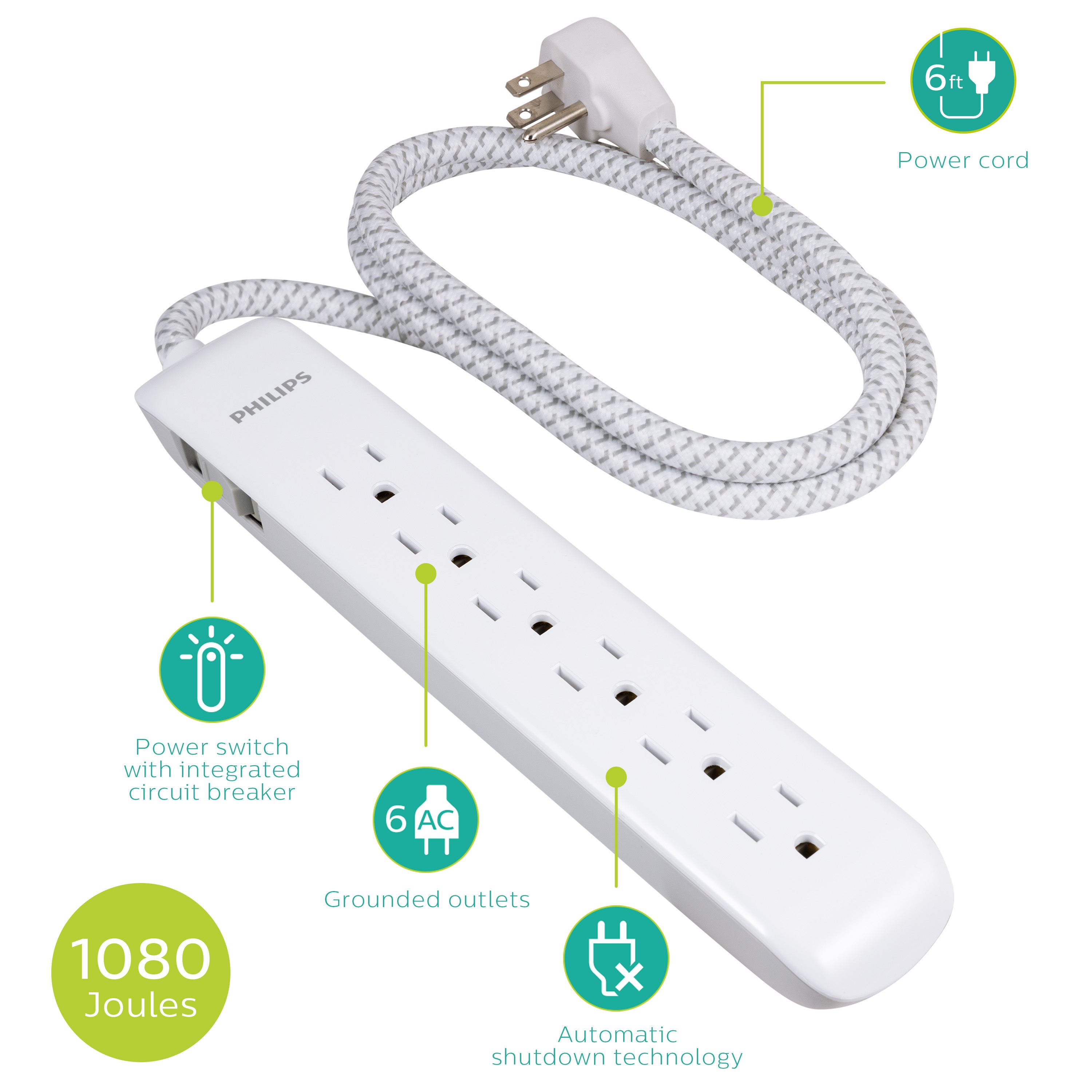 Philips 6-Outlet Surge Protector, 1080J, 6ft Braided Cord, White/Gray