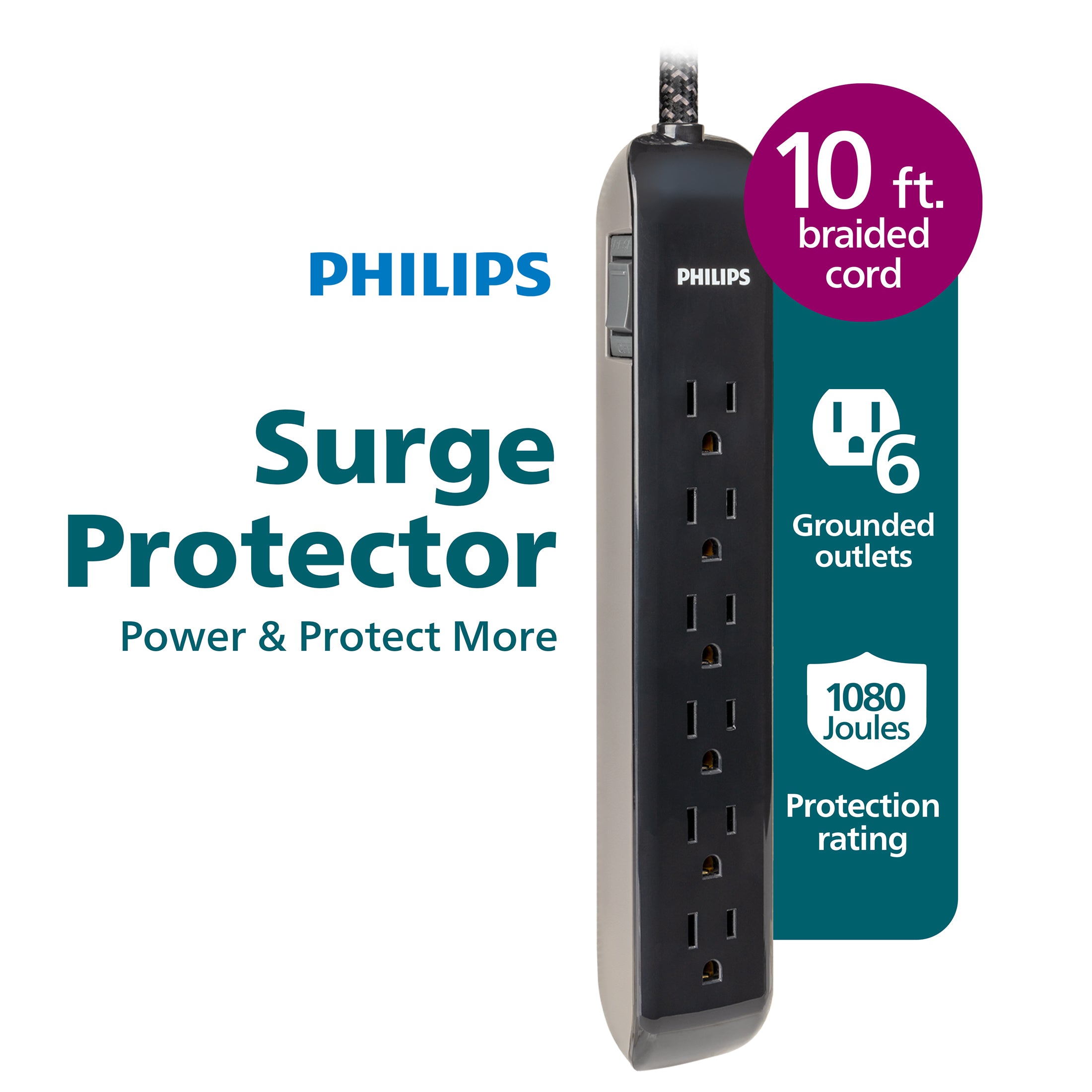 Philips 6-Outlet Surge Protector, 1080J, 10ft Braided Cord, Black