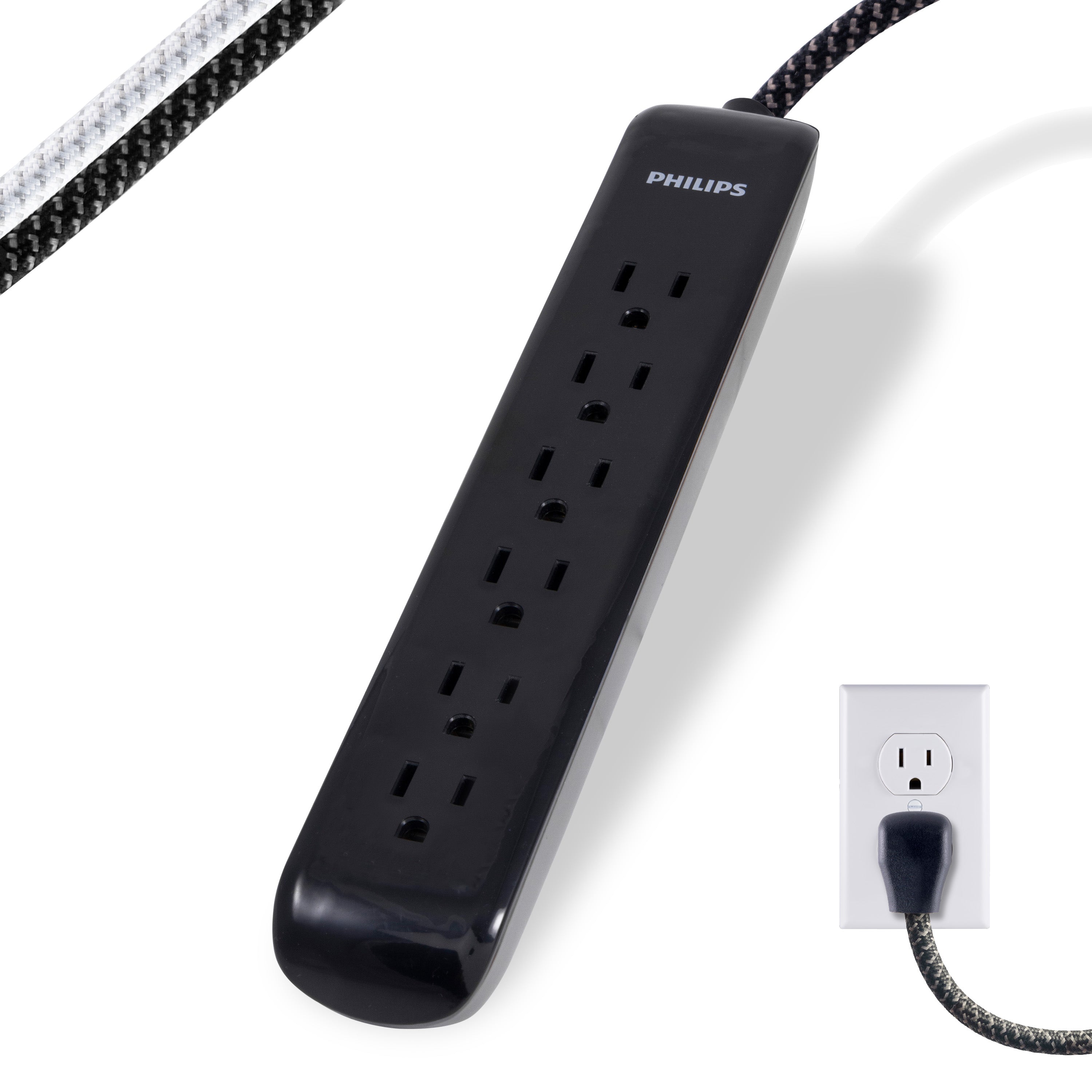 Philips 6-Outlet Surge Protector, 1080J, 10ft Braided Cord, Black