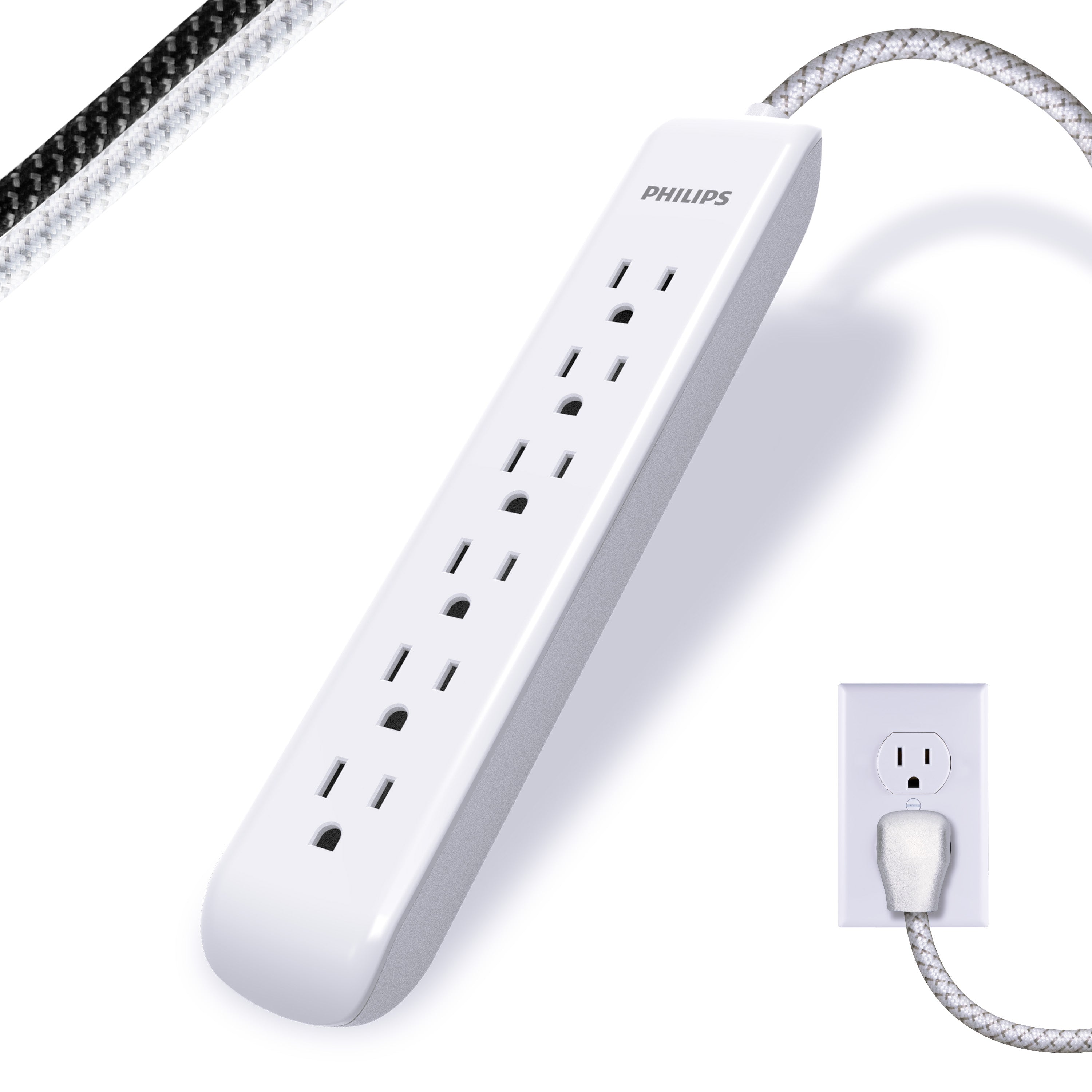 Philips 6-Outlet Surge Protector, 1080J, 10ft Braided Cord, White/Gray