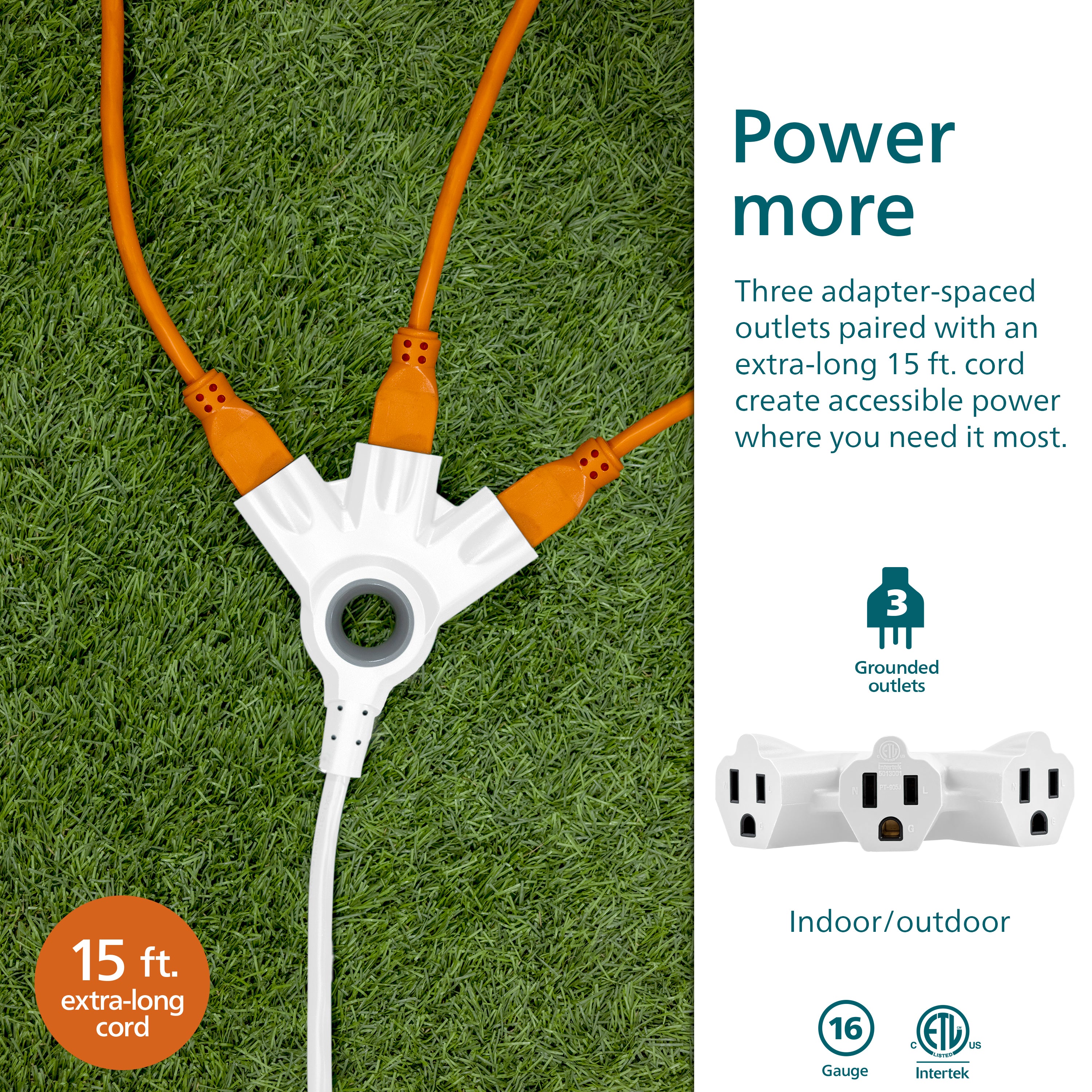 Philips EZGrip 3-Outlet Grounded Extension Cord, Indoor/Outdoor, 16 Gauge, 15ft., White