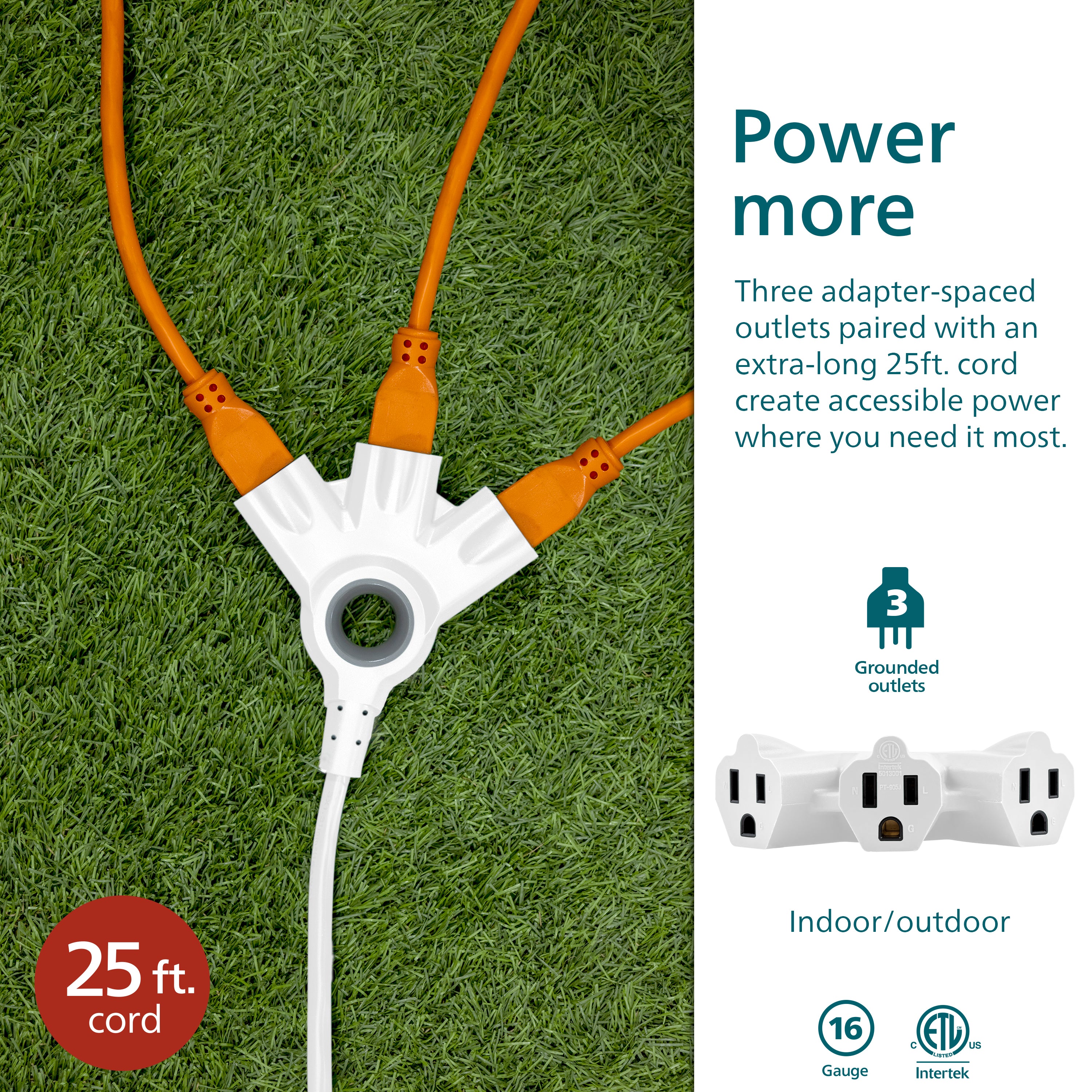 Philips 3-Outlet EZGrip Grounded Extension Cord, 25ft., Indoor/Outdoor, White