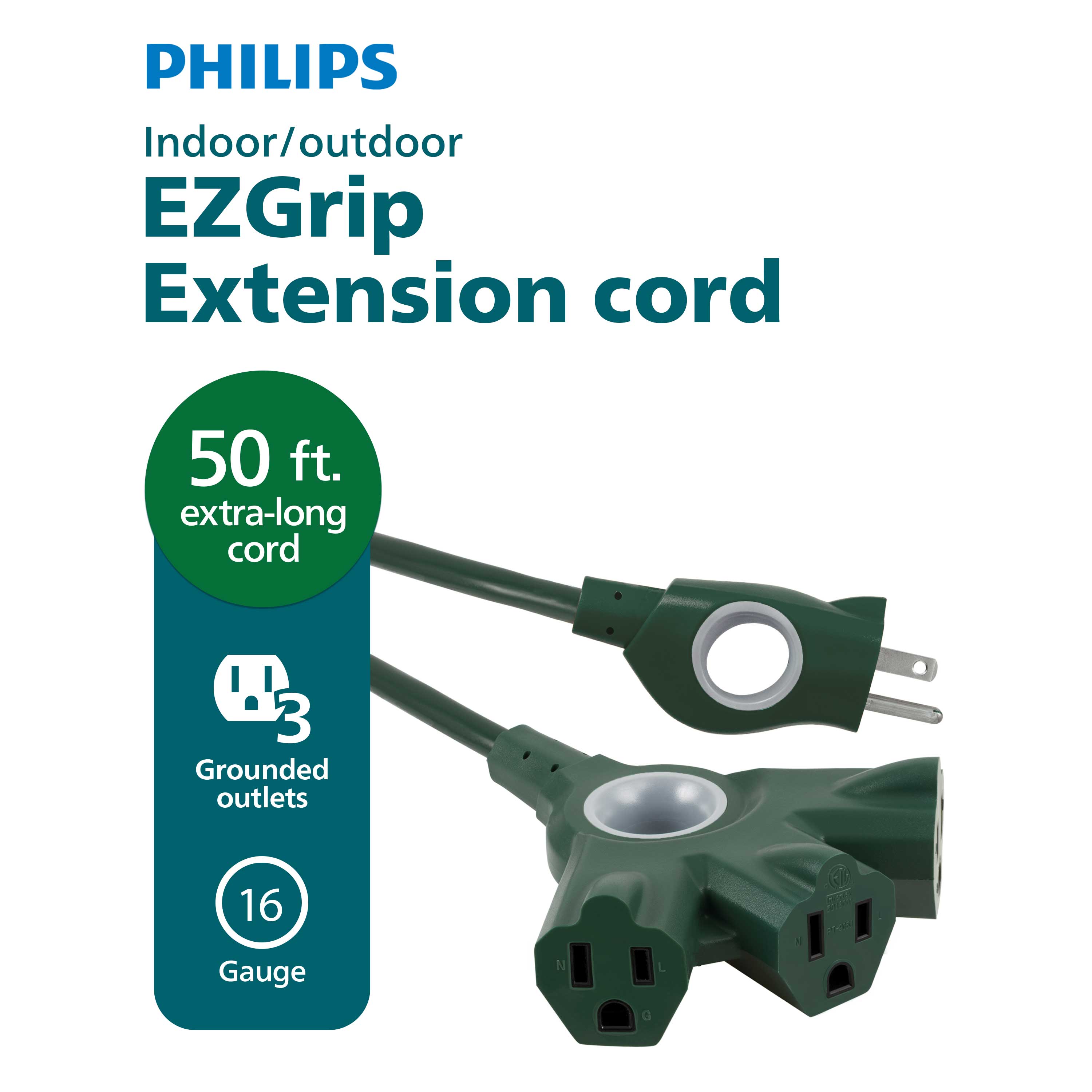 Philips 3-Outlet EZGrip Grounded Extension Cord, 50ft., Indoor/Outdoor, Green