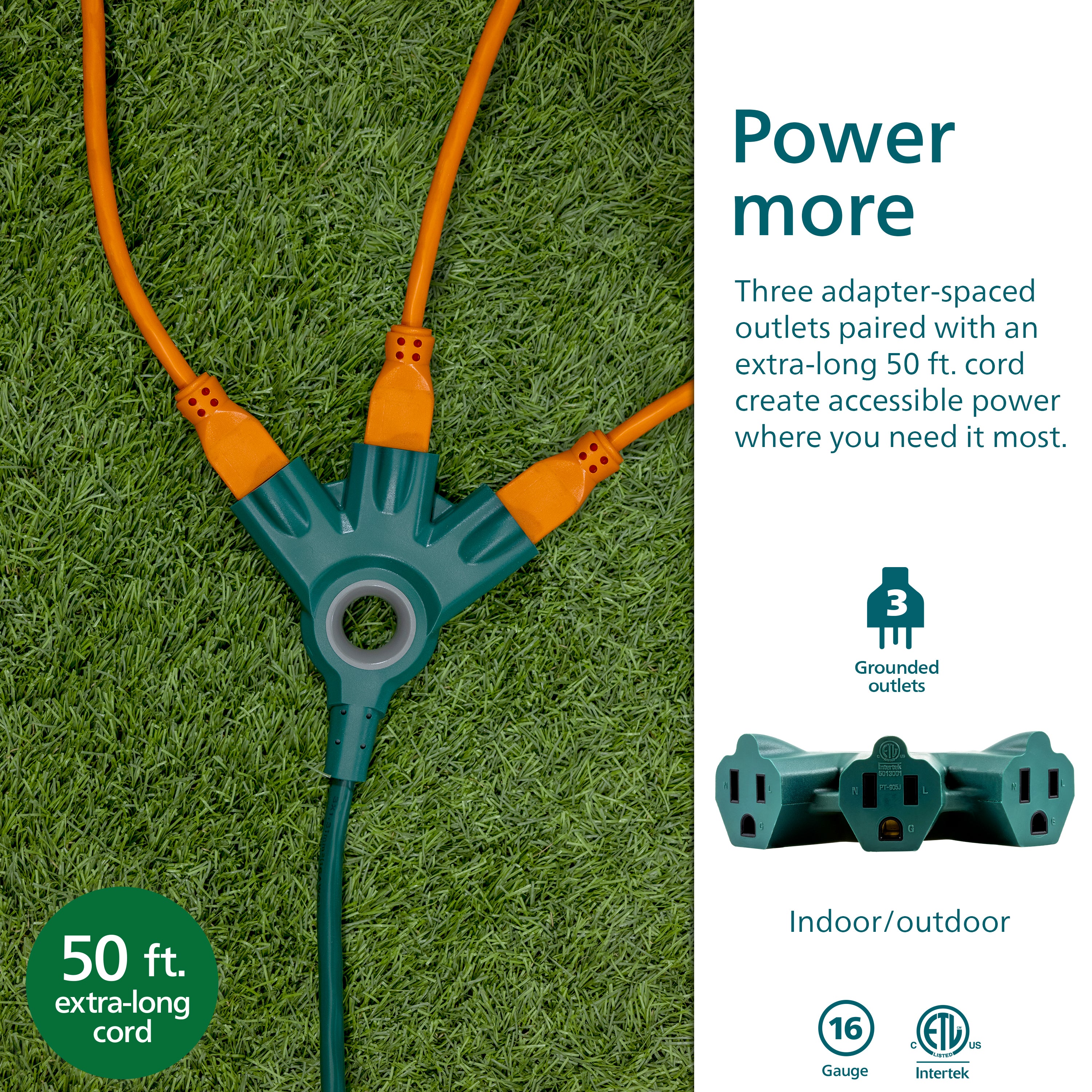 Philips 3-Outlet EZGrip Grounded Extension Cord, 50ft., Indoor/Outdoor, Green