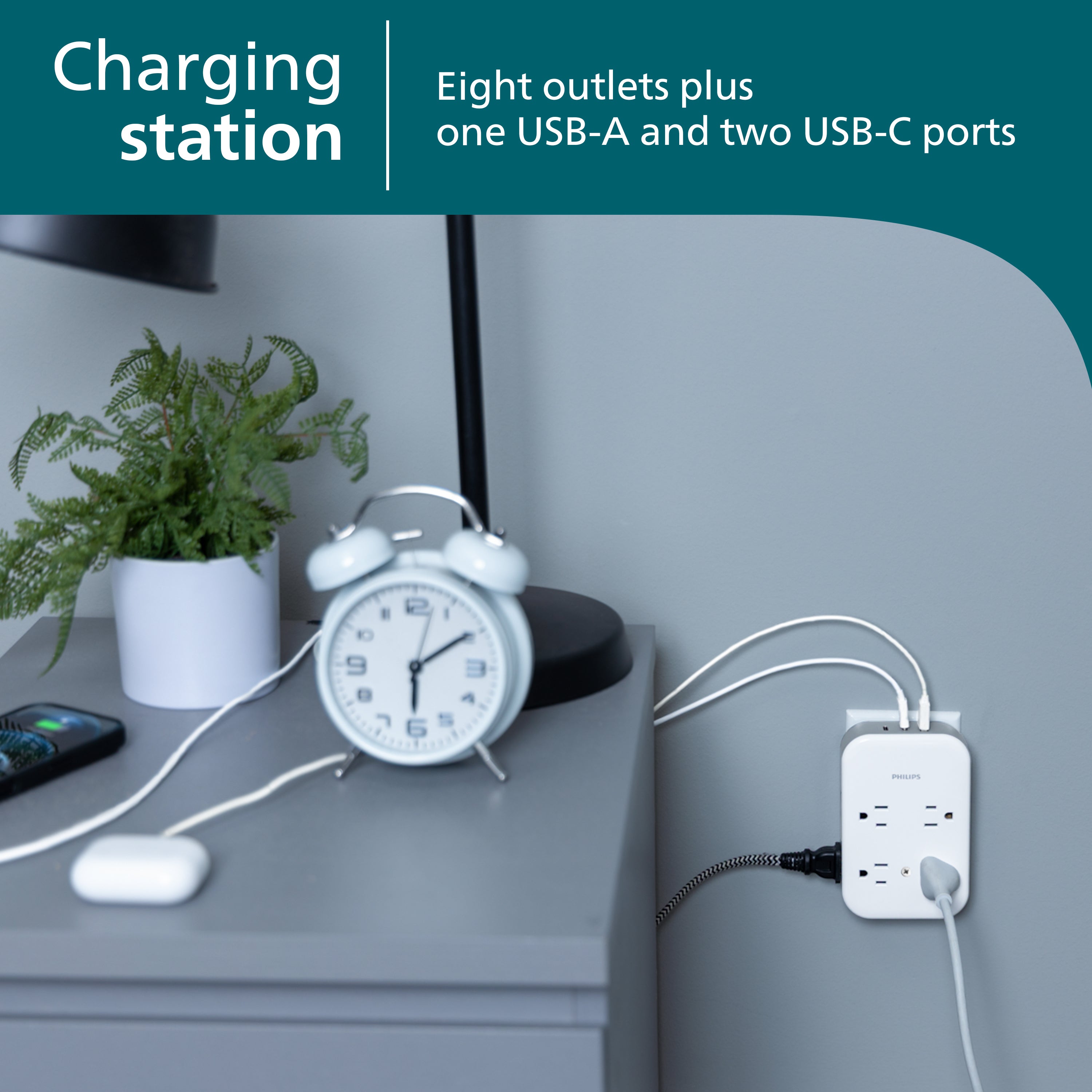 Philips All-in-One Surge Tap with USB, 4 Grounded & 4 Polarized Outlets, 2 USB-C & 1 USB-A Ports, 15W Shared, 1140 Joules, ETL Certified, White/Gray
