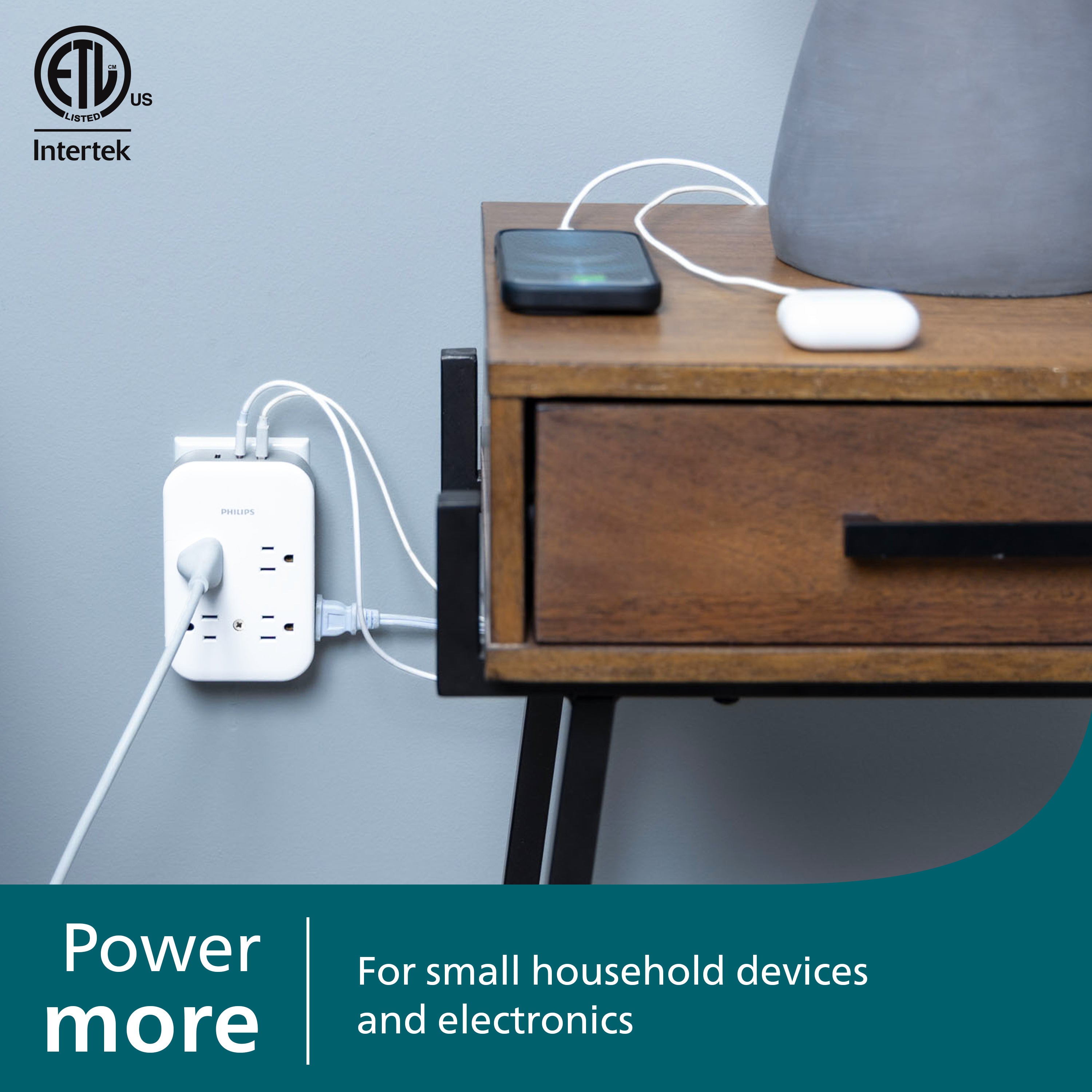 Philips All-in-One Surge Tap with USB, 4 Grounded & 4 Polarized Outlets, 2 USB-C & 1 USB-A Ports, 15W Shared, 1140 Joules, ETL Certified, White/Gray