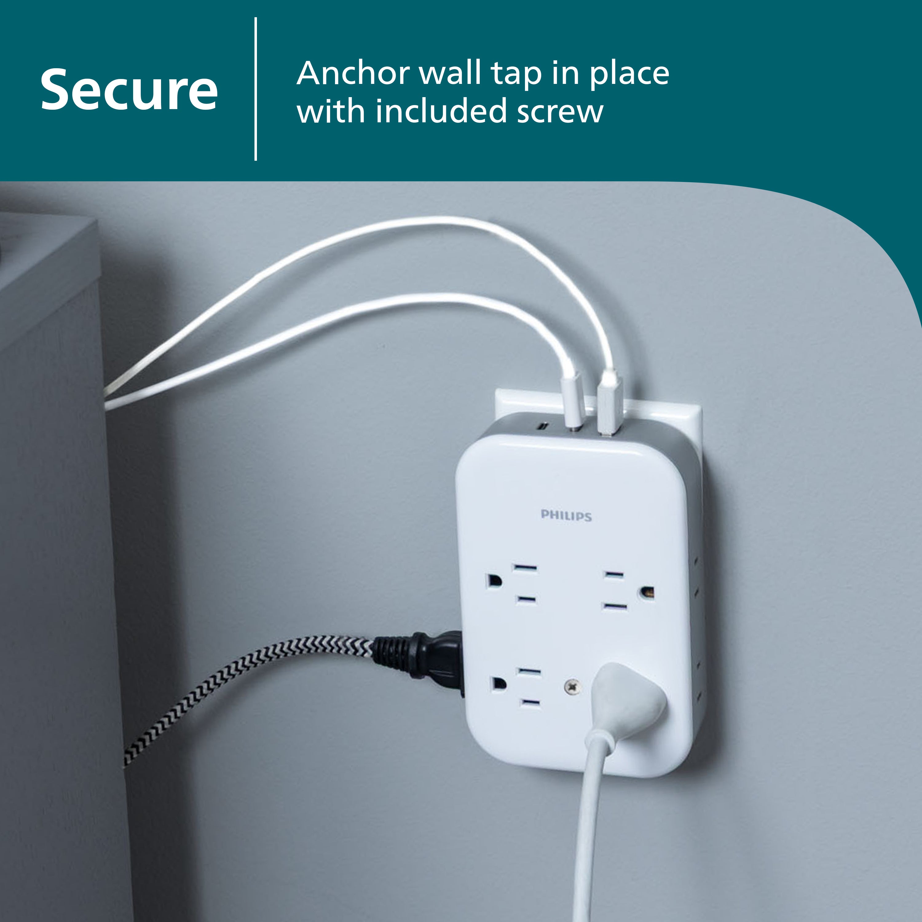 Philips All-in-One Surge Tap with USB, 4 Grounded & 4 Polarized Outlets, 2 USB-C & 1 USB-A Ports, 15W Shared, 1140 Joules, ETL Certified, White/Gray