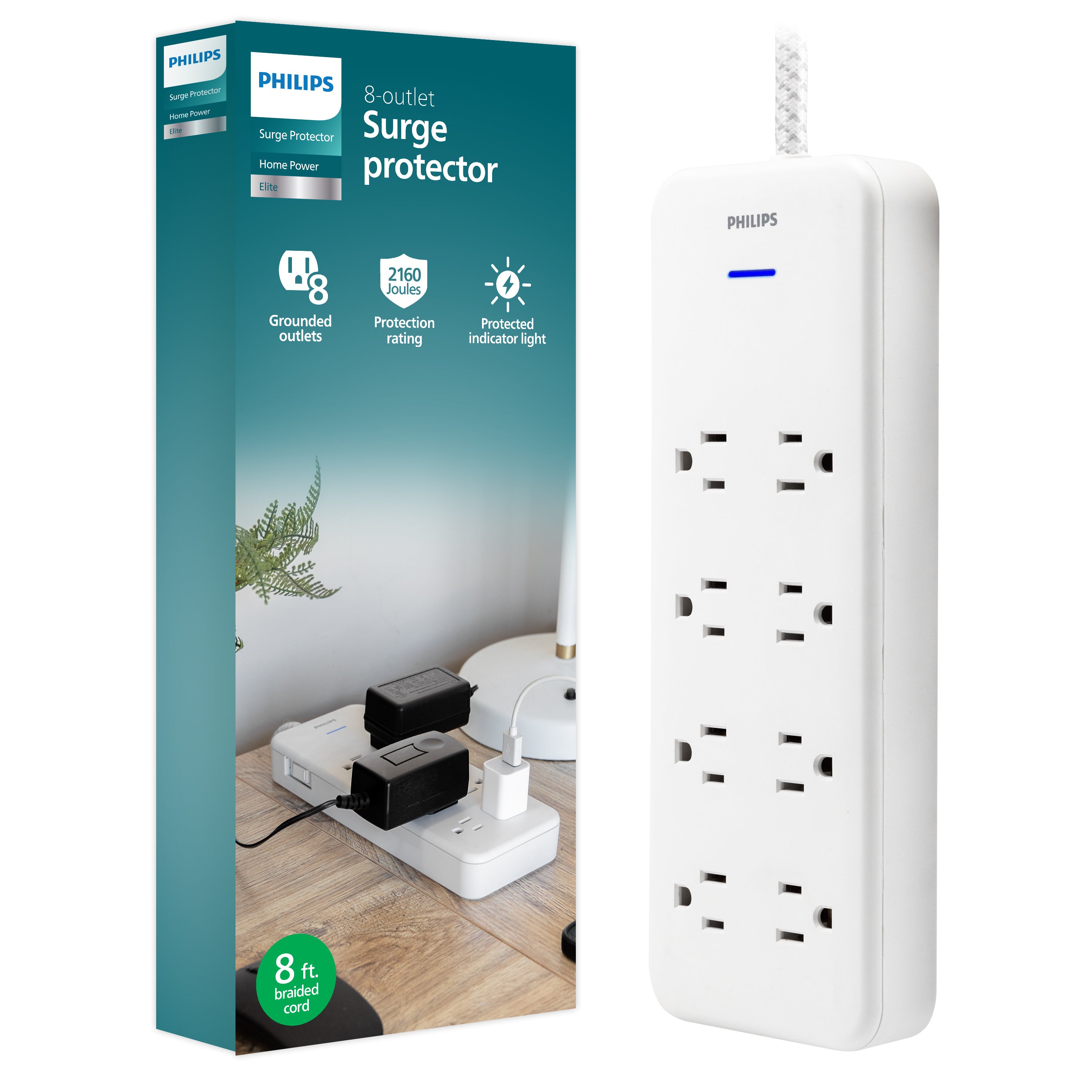 Philips Adapt 8-Outlet Surge Protector, 2160J, Adapter-Spaced, 8ft Braided Cord, White