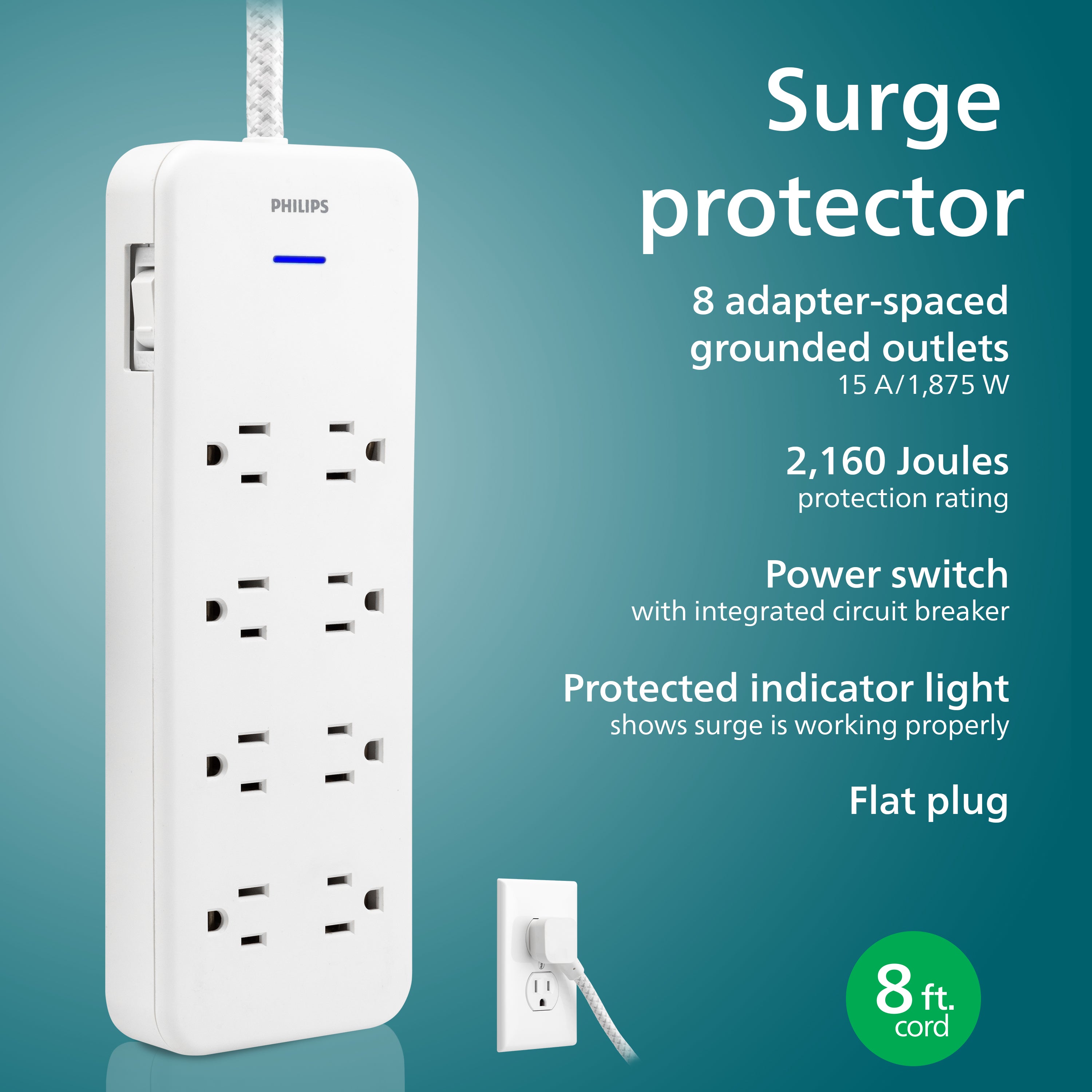 Philips Adapt 8-Outlet Surge Protector, 2160J, Adapter-Spaced, 8ft Braided Cord, White