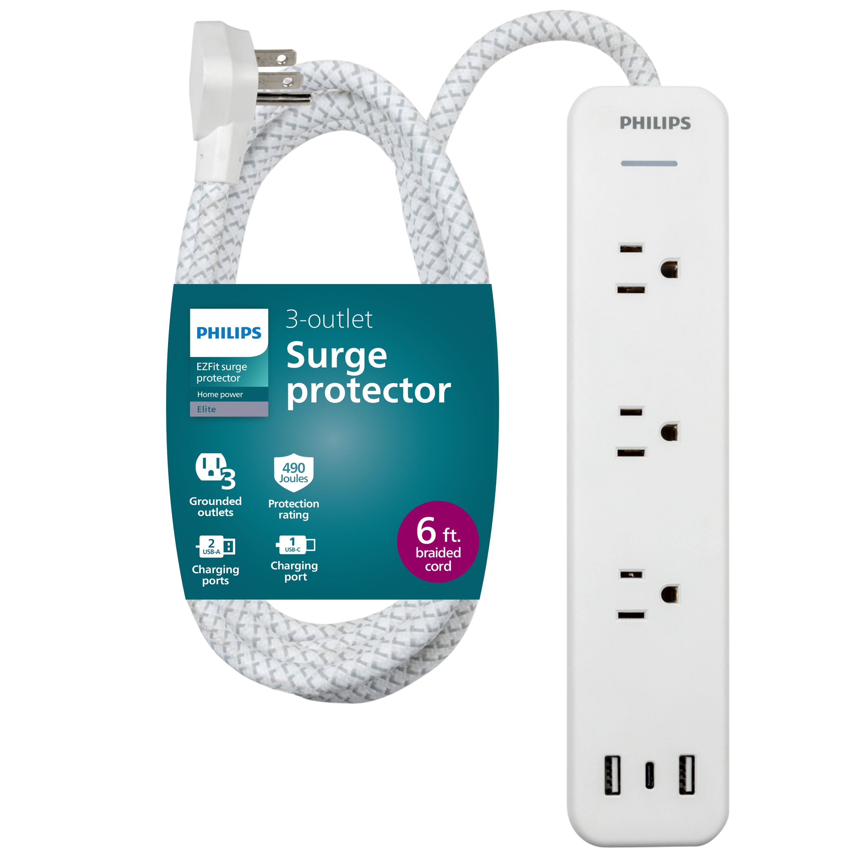 Philips EZFit 3-Outlet Surge Protector with 2A/1C, 490J, Adapter-Spaced, 6ft Braided Cord, White