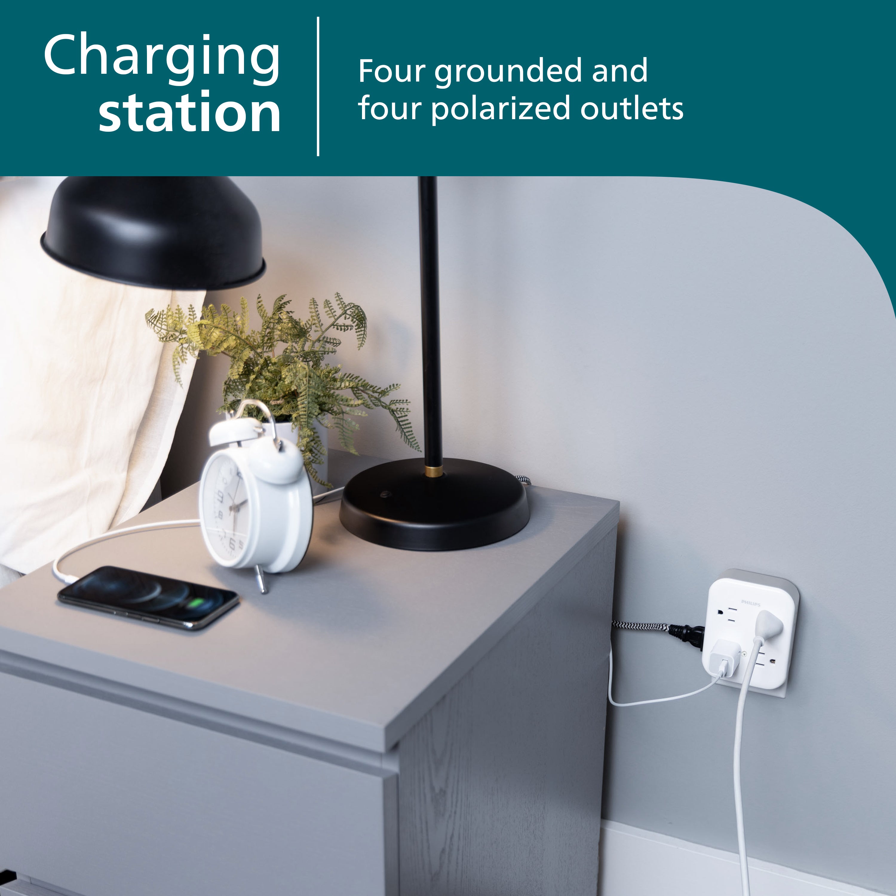 Philips All-in-One 4 Grounded plus 4 Polarized Outlet Surge Tap, 1140J, white/gray