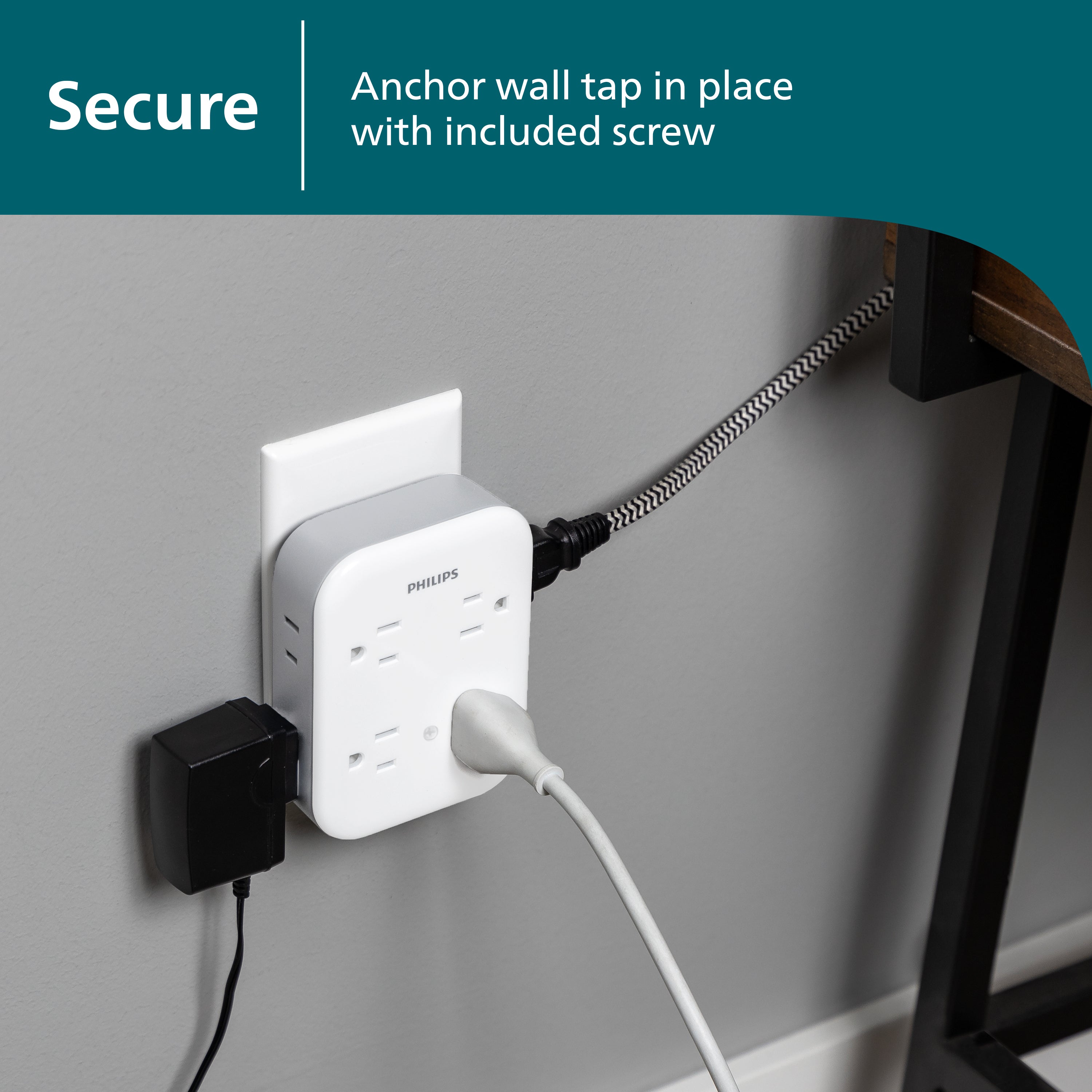 Philips All-in-One 4 Grounded plus 4 Polarized Outlet Surge Tap, 1140J, white/gray