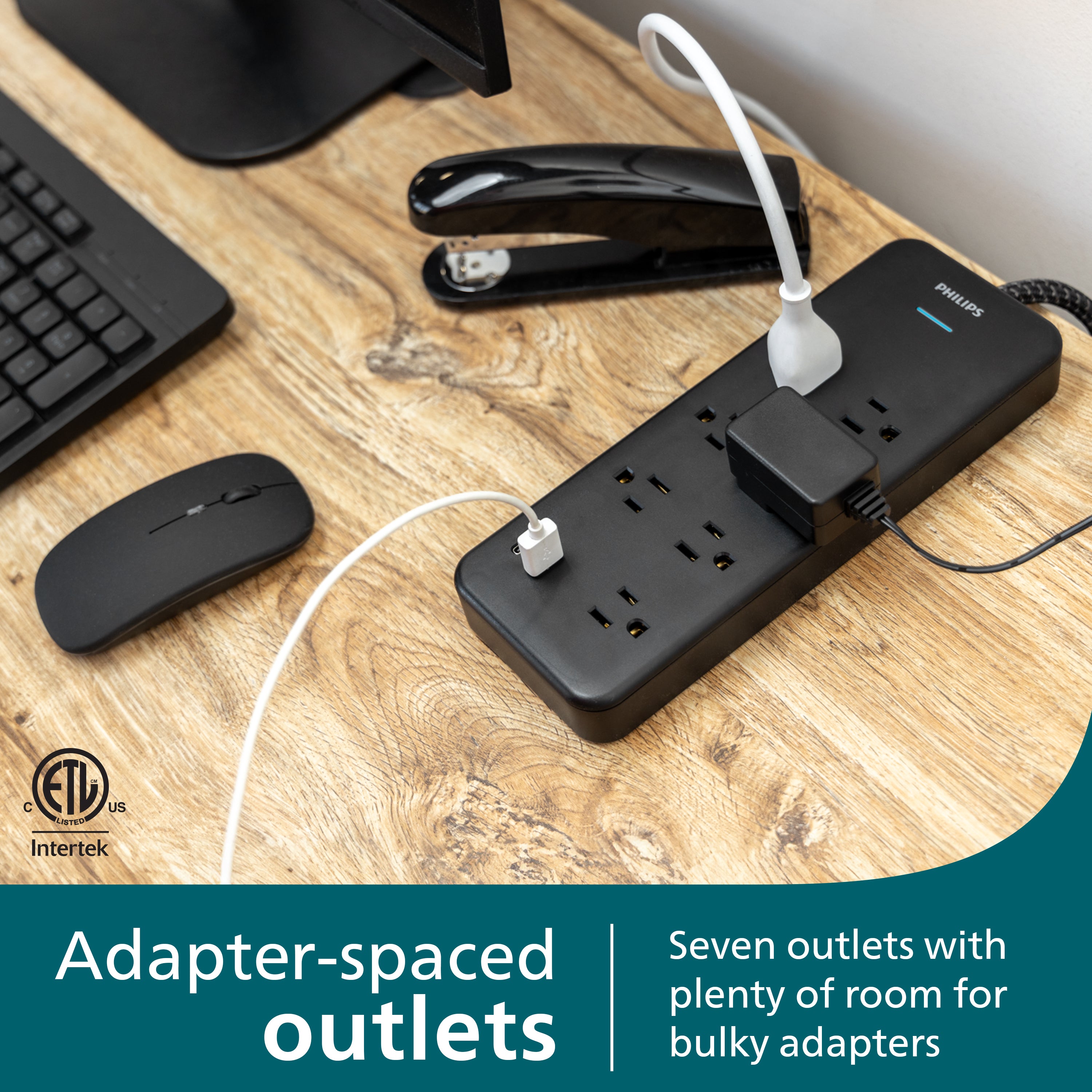 Philips 7-Outlet Surge Protector with USB Charging, 1USB-A, 1USB-C, 1500J, Adapter Spaced, 4ft Braided Cord, Black