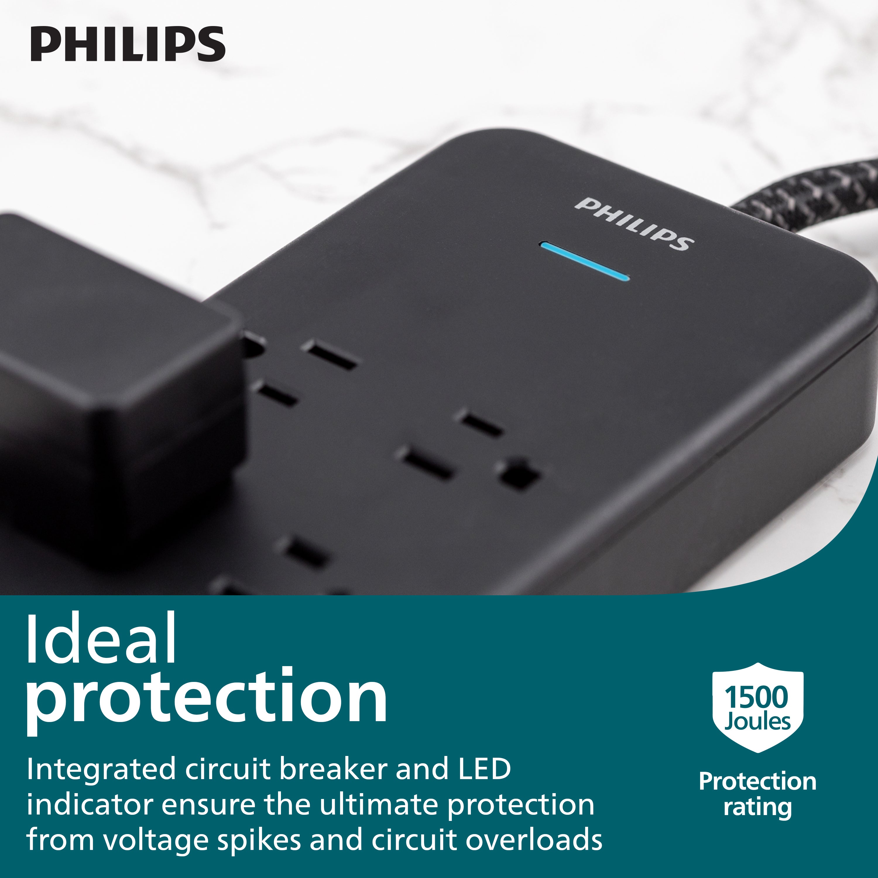 Philips 7-Outlet Surge Protector with USB Charging, 1USB-A, 1USB-C, 1500J, Adapter Spaced, 4ft Braided Cord, Black