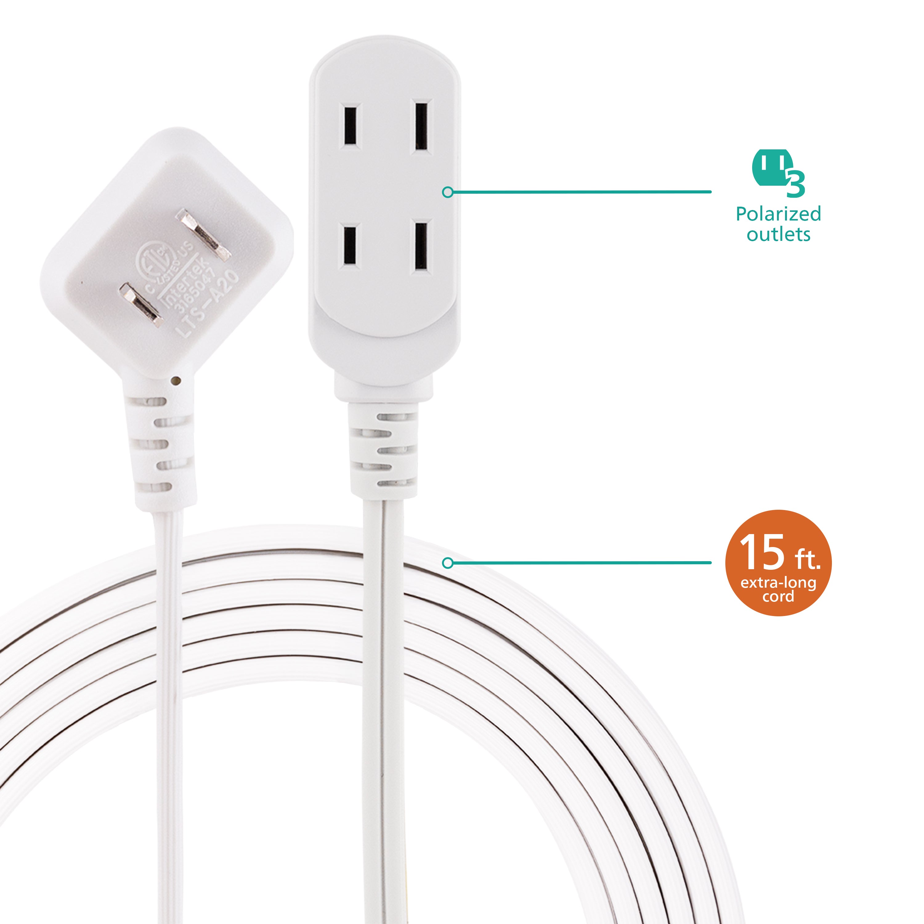 Philips 3-Outlet Polarized Extension Cord, 15ft., White 2 pack
