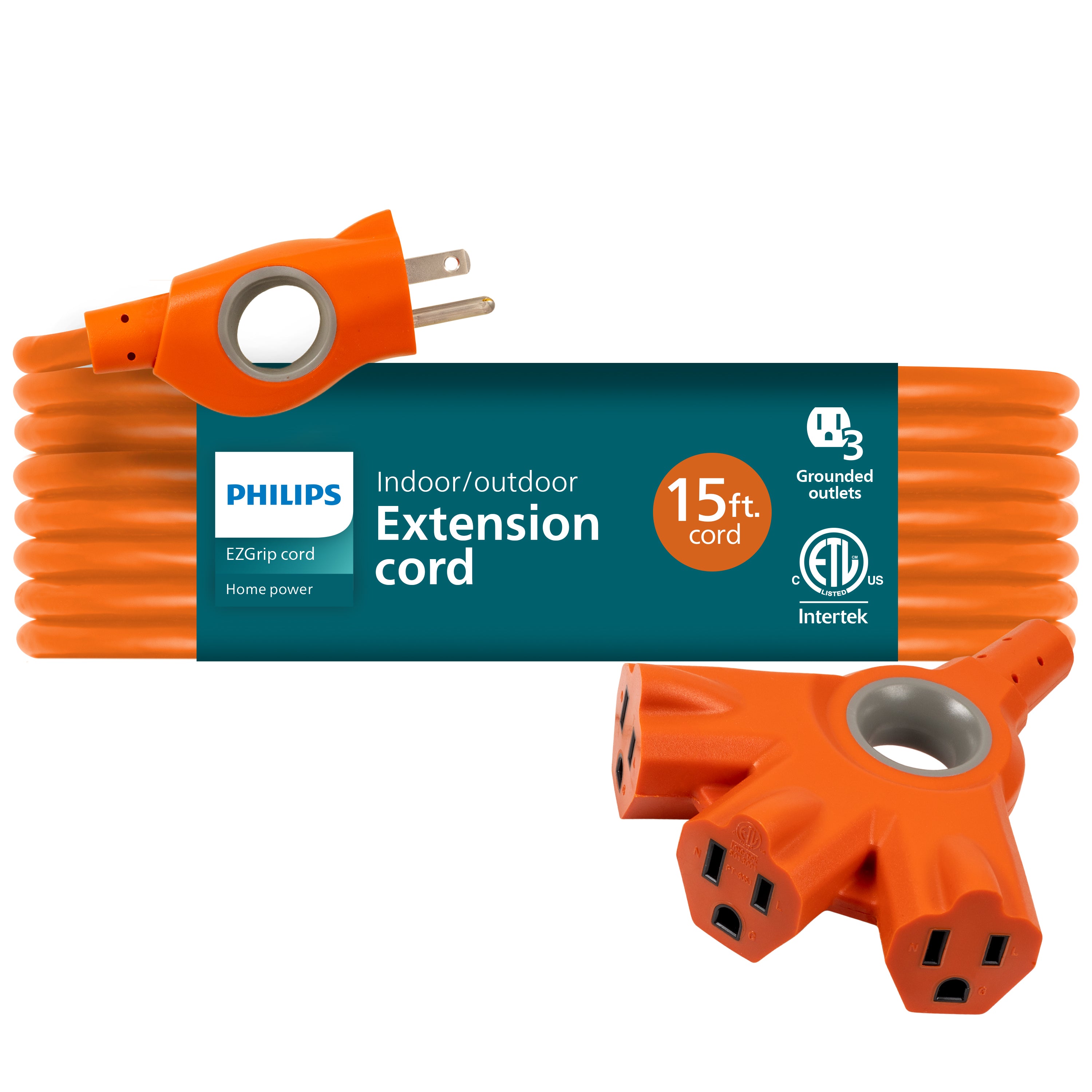 Philips EZGrip™ 3-Outlet 15ft. Indoor/Outdoor Extension Cord, Orange