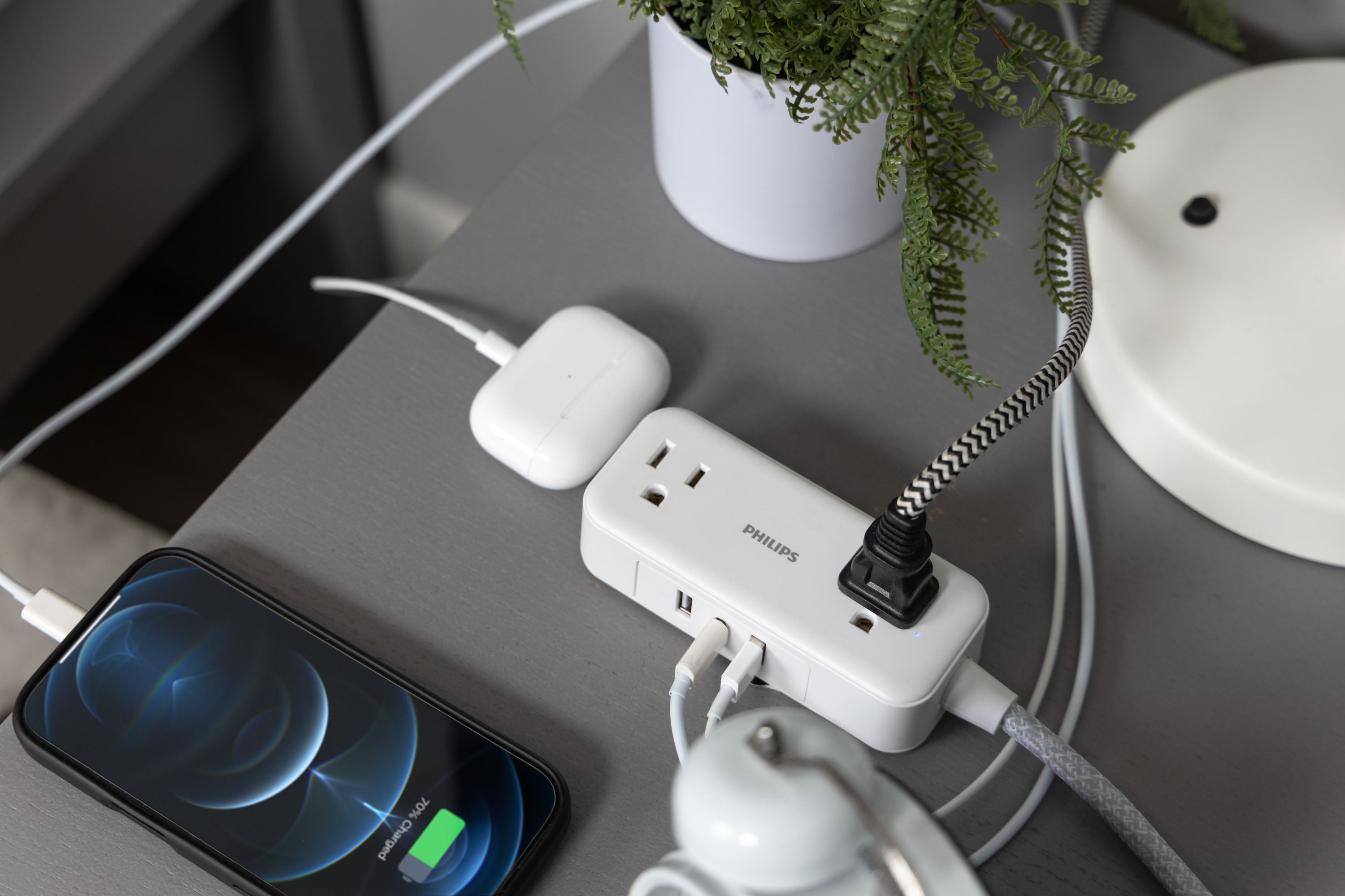 Philips 2-Outlet, 6 ft. USB-Charging Extension Cord, White/Gray
