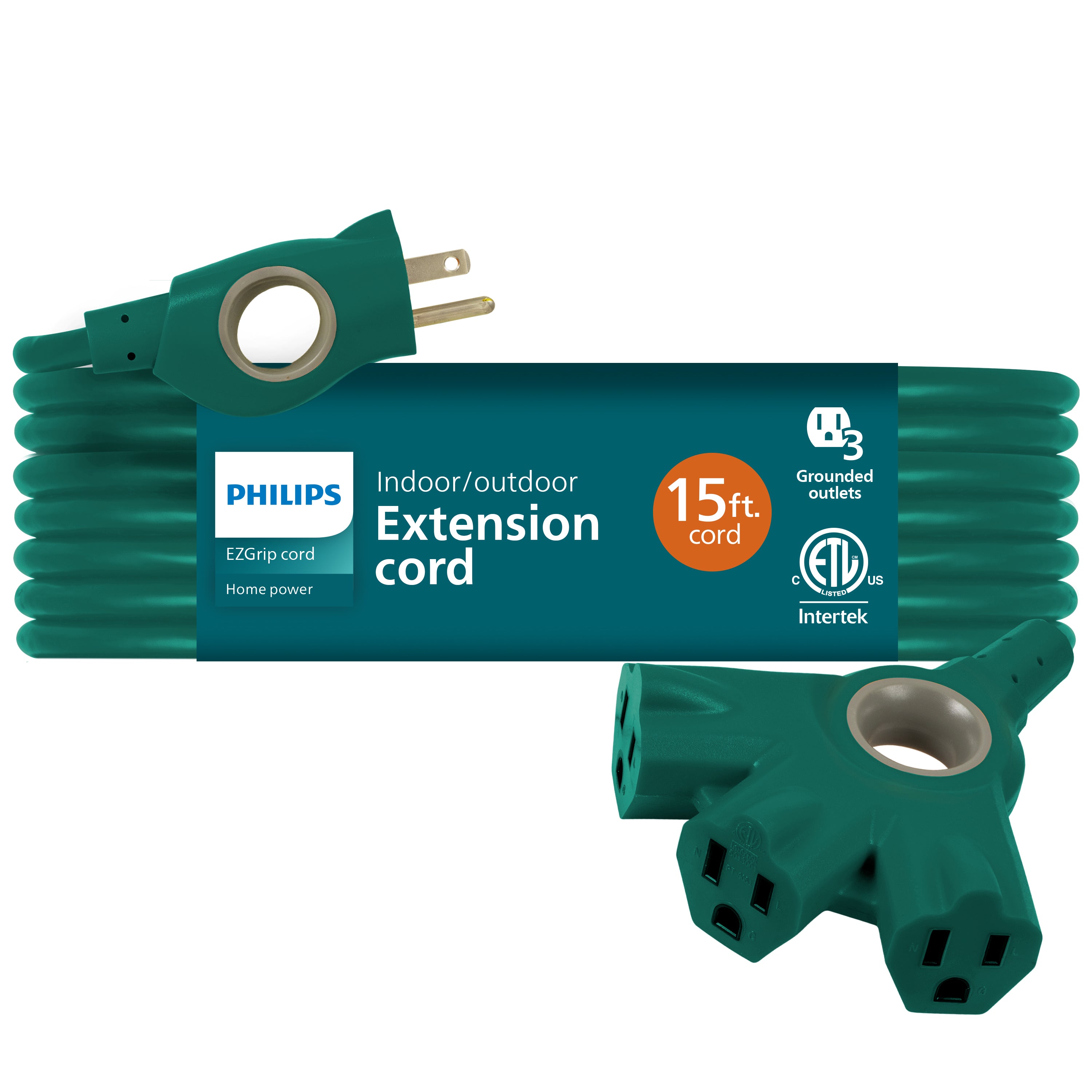 Philips 3-Outlet EZGrip Grounded Extension Cord, 15ft., Indoor/Outdoor, Green