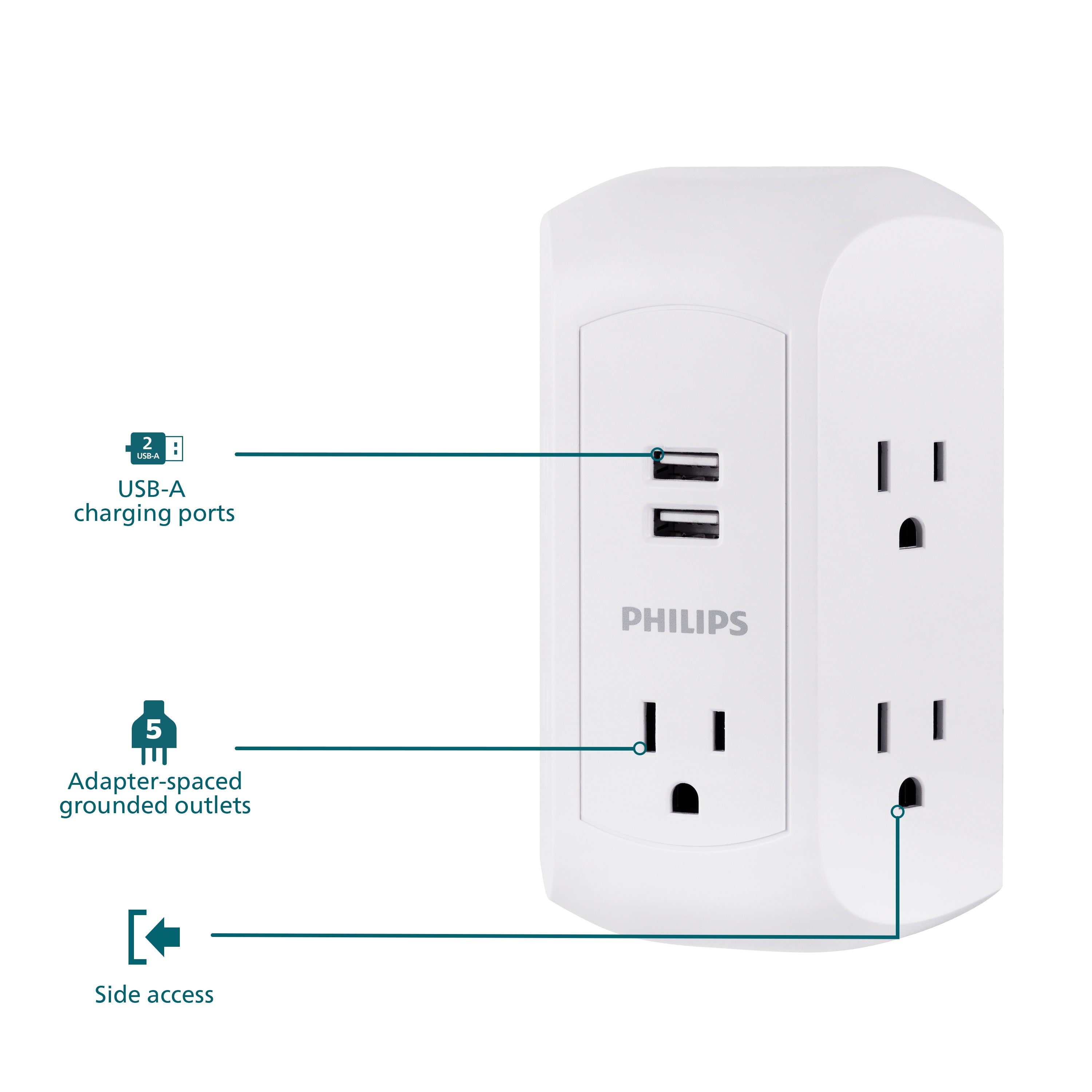 Philips 5-Outlet USB-A Charging Surge Protector