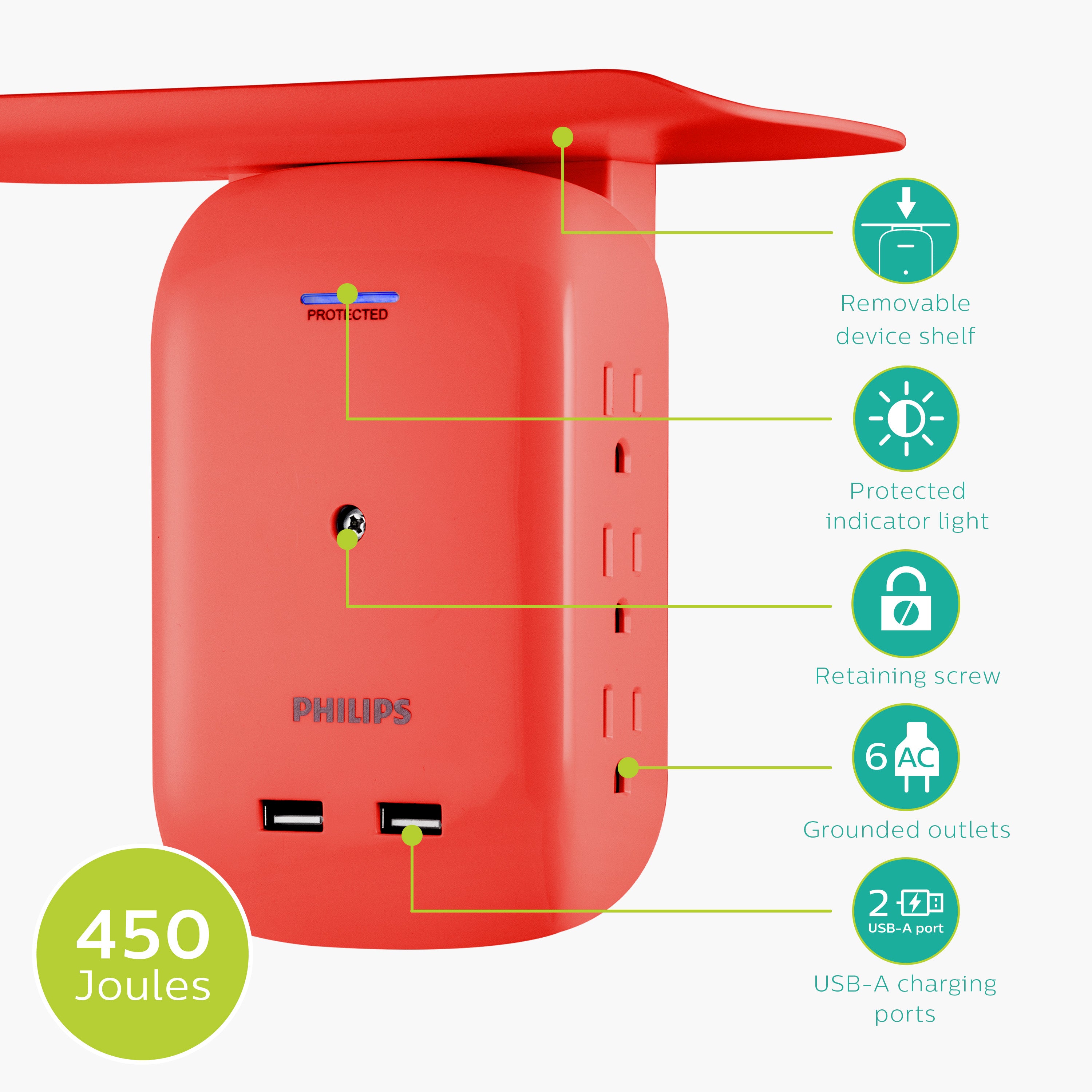 Philips 6-Outlet Tap with Device Shelf, 450J, 2USB (2.4A), Coral, 2pk