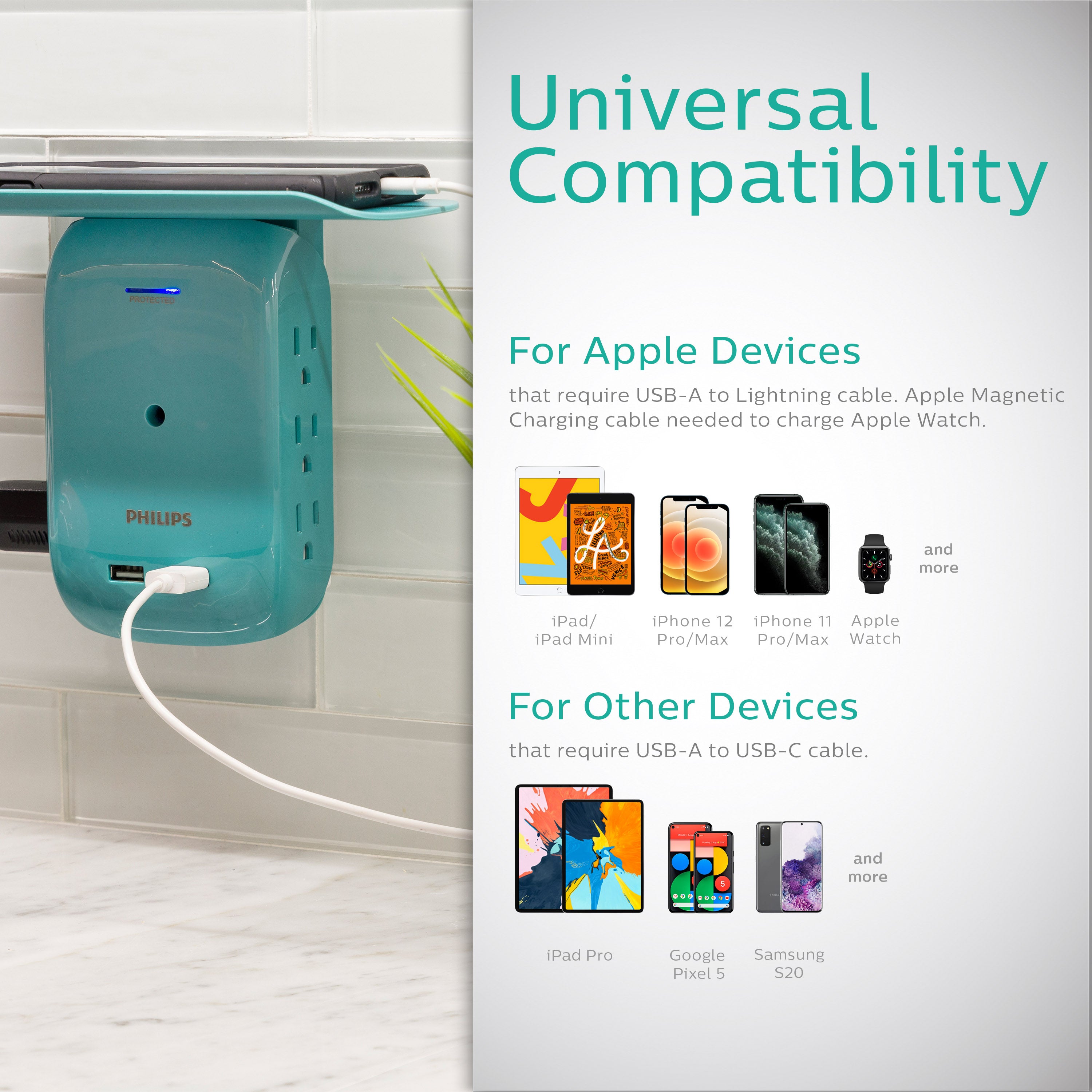 Philips 6-Outlet Tap with Device Shelf, 450J, 2USB (2.4A), Teal, 2pk