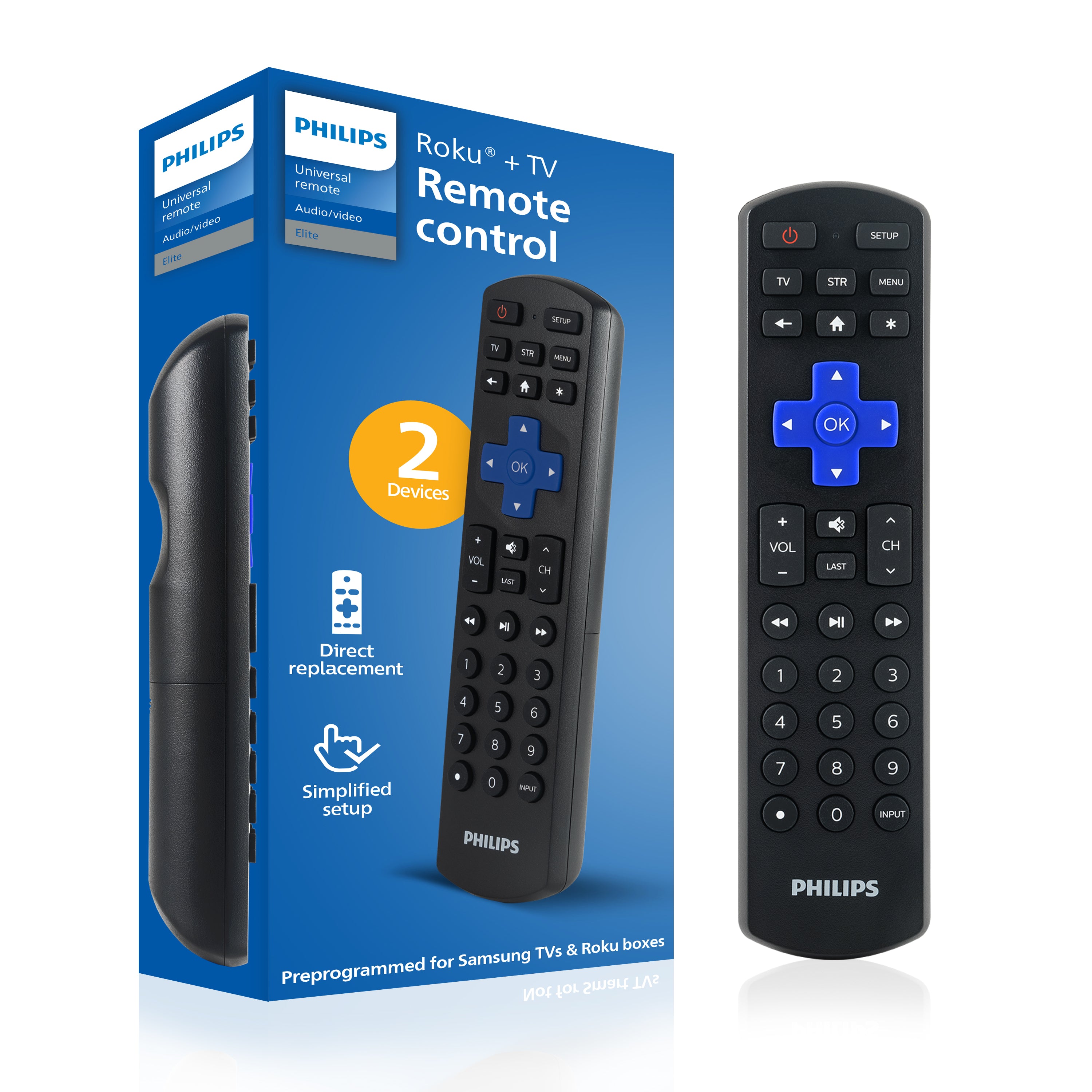Philips Roku Replacement 2-Device Universal Remote, Black