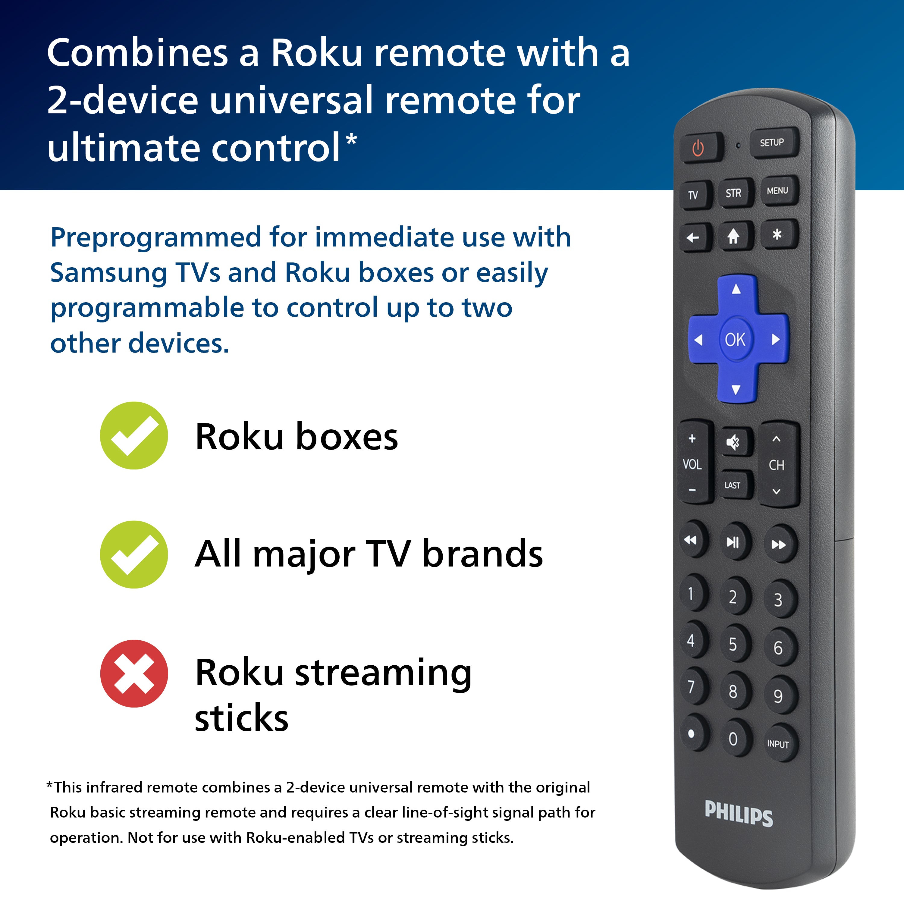 Philips Roku Replacement 2-Device Universal Remote, Black