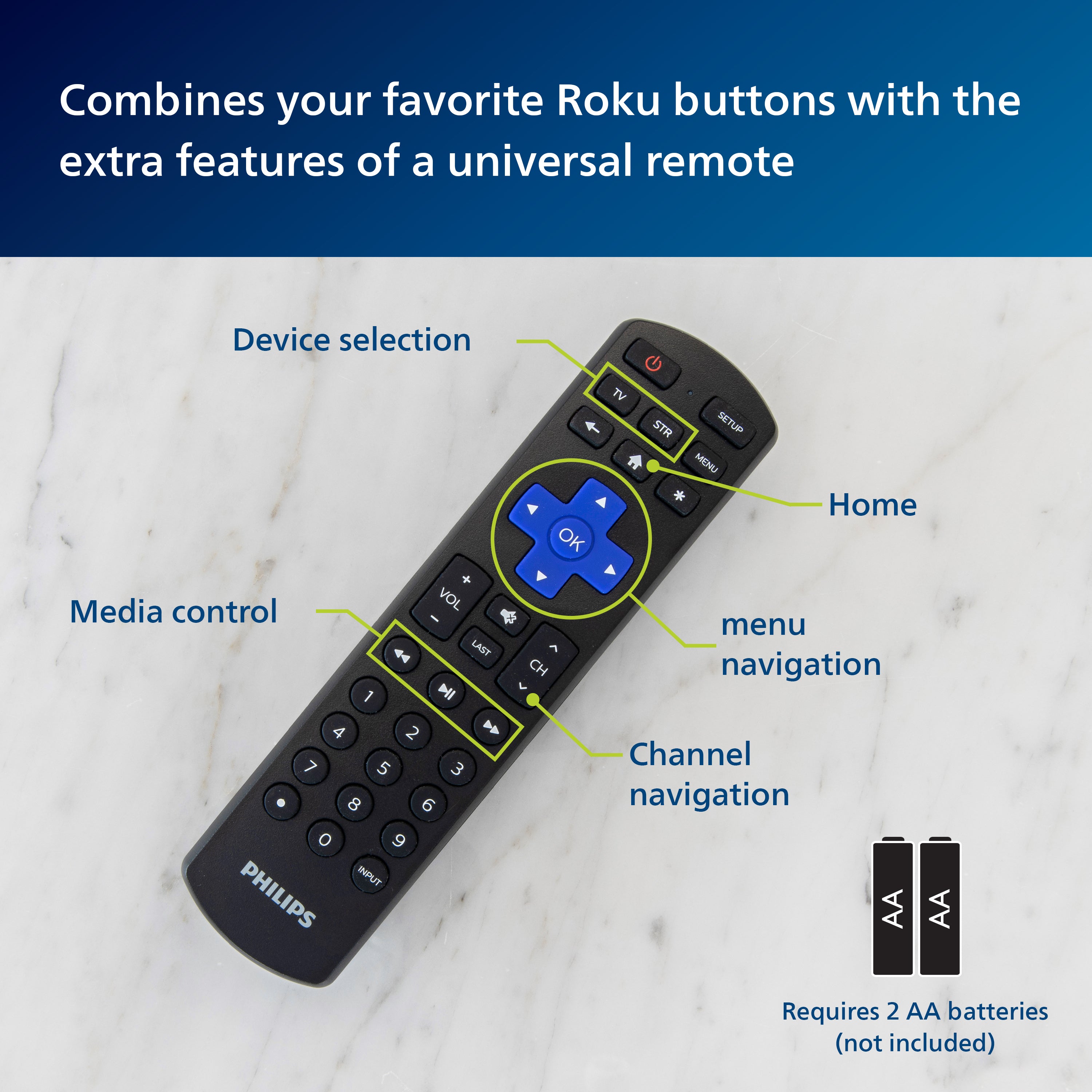 Philips Roku Replacement 2-Device Universal Remote, Black