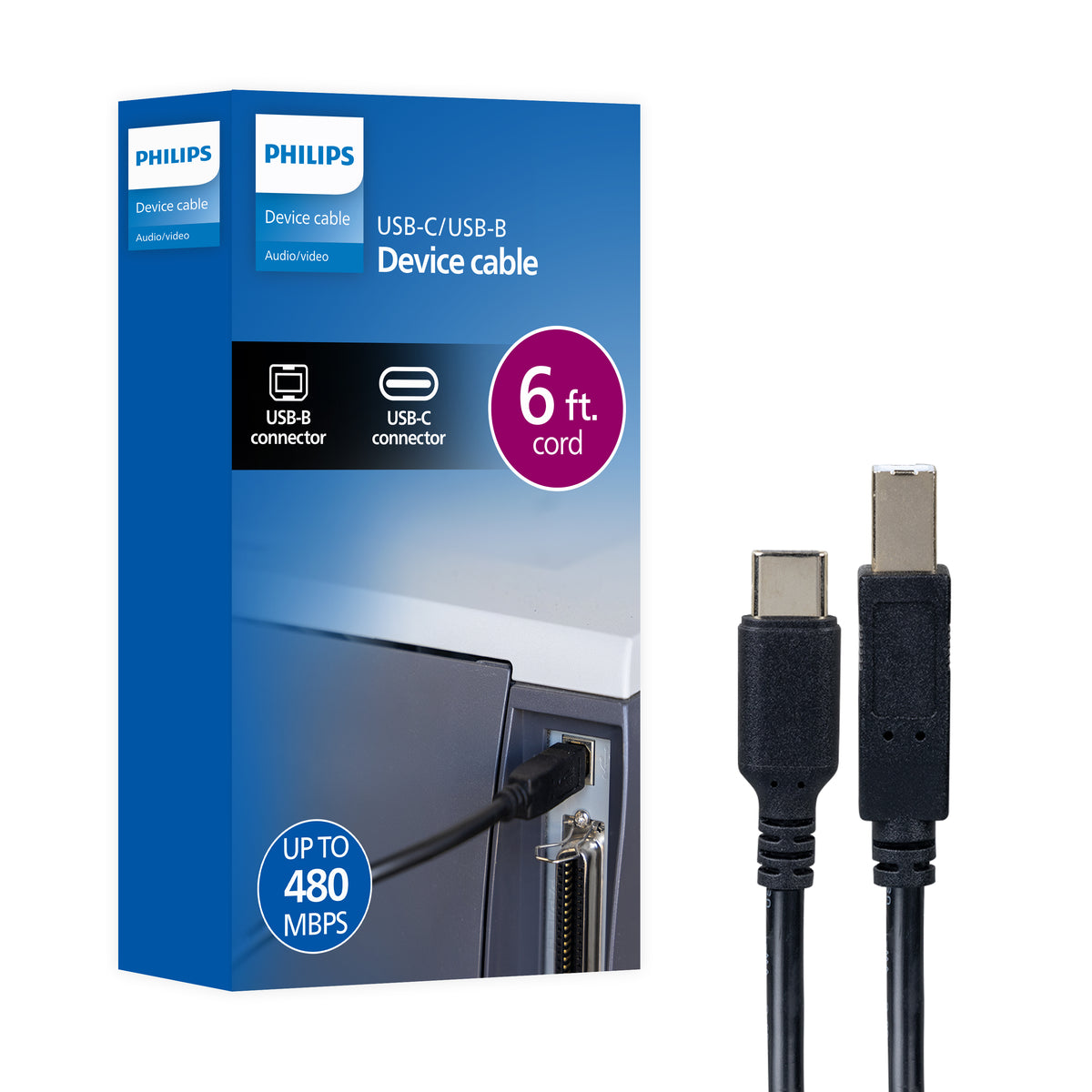 Philips 6 ft. USB-C to USB-B Device Cable, Black