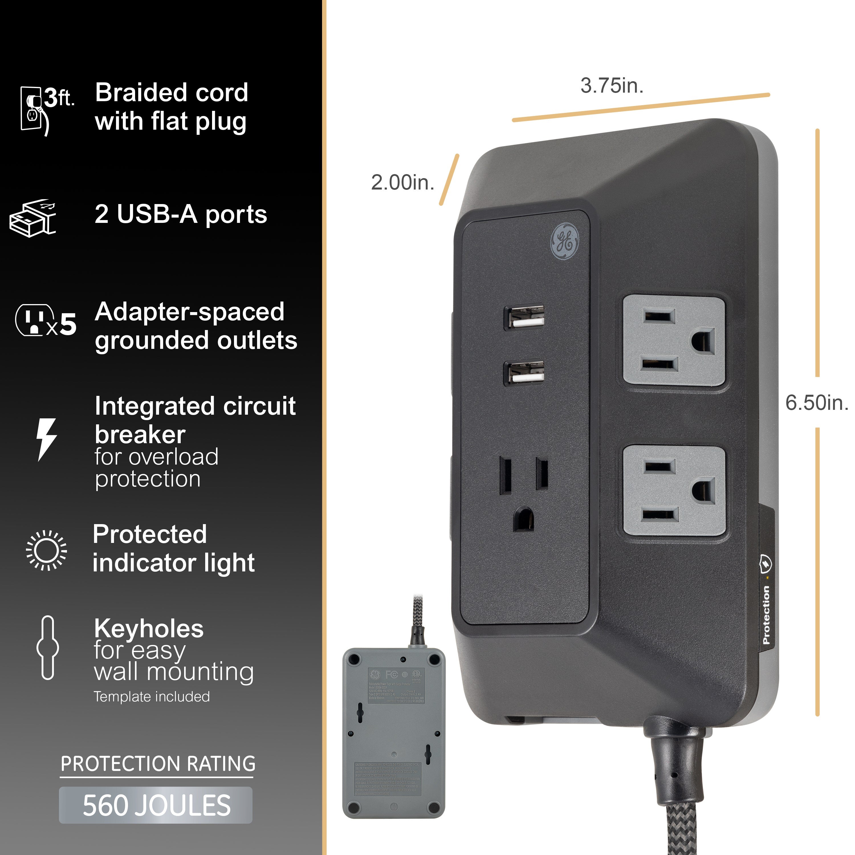 GE 5-Outlet 2-USB 3ft. Surge Protector with Adapter-Spaced Outlets, Black