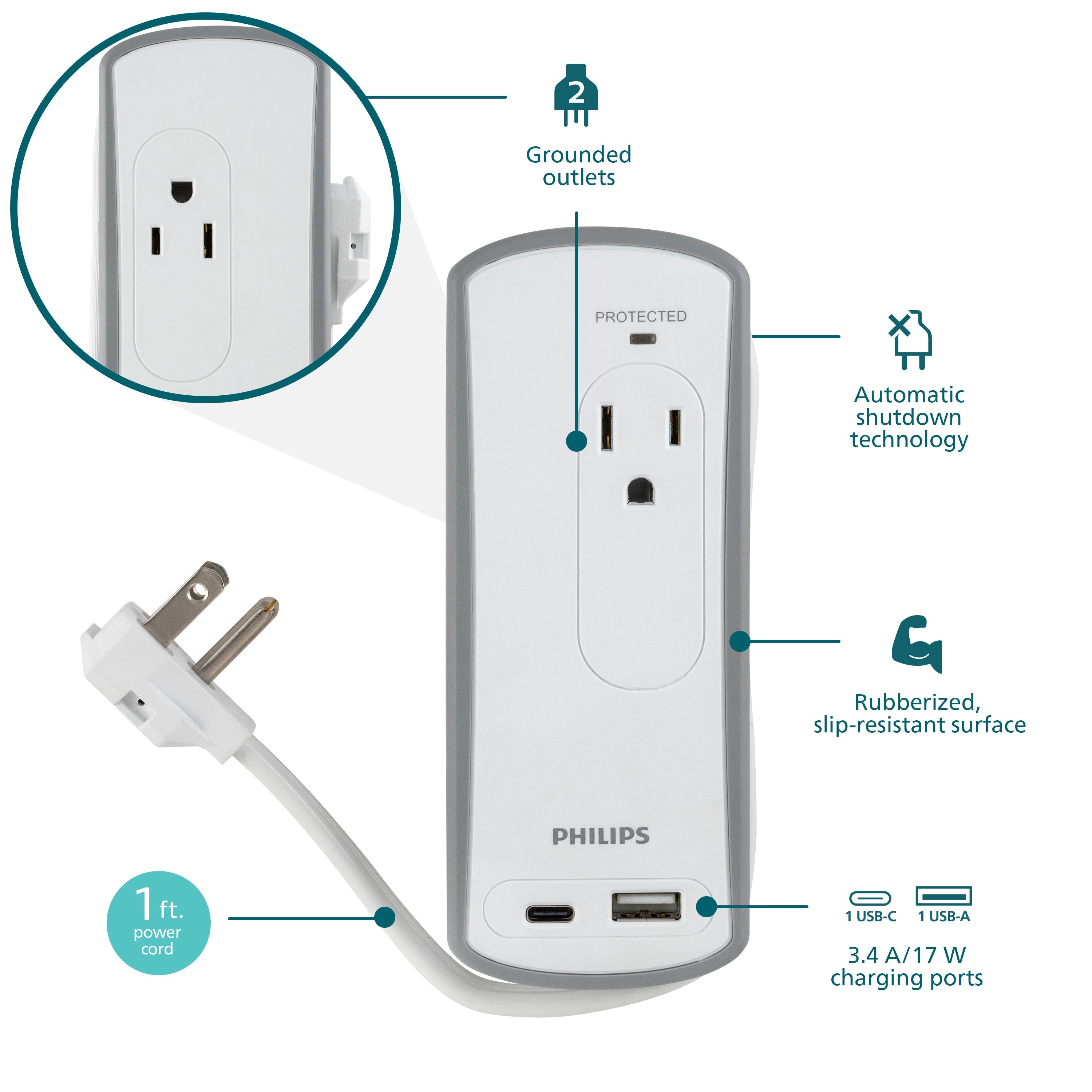 Philips 2-Outlet 2-USB Travel Charging Station with Surge Protection, White/Gray