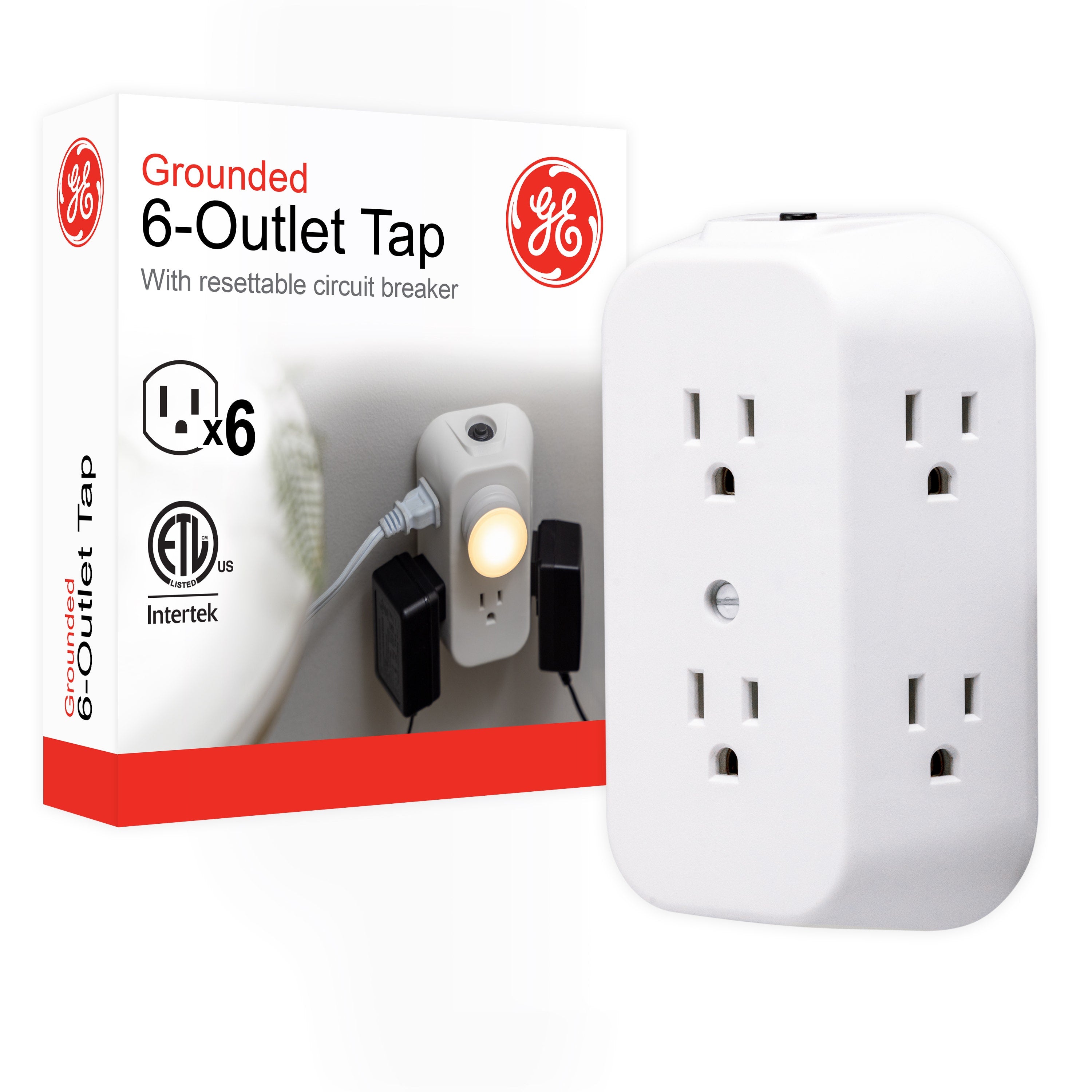GE 6-Outlet Wall Tap with Resettable Circuit Breaker, White