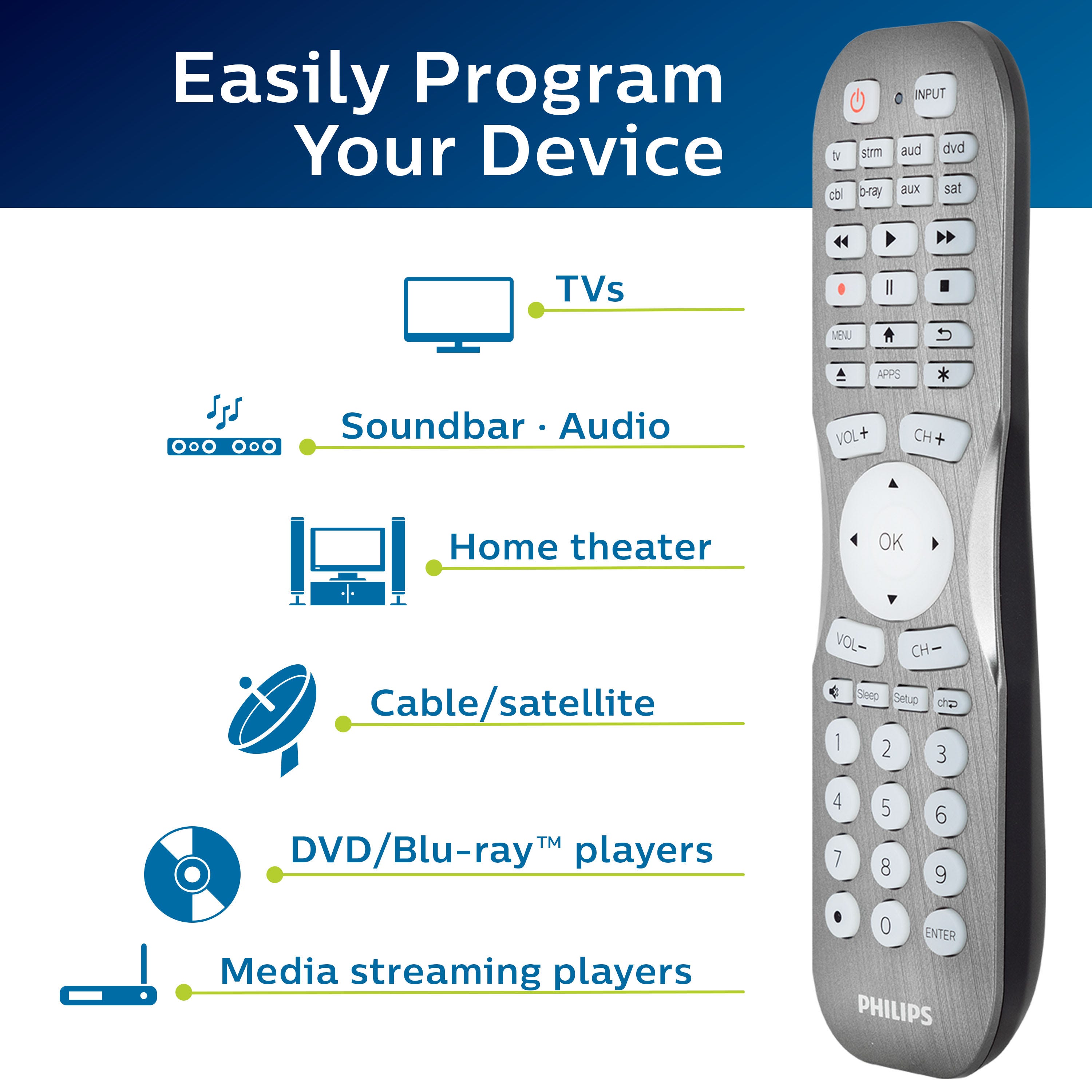 Philips 8-Device Backlit Universal Remote, Brushed Graphite