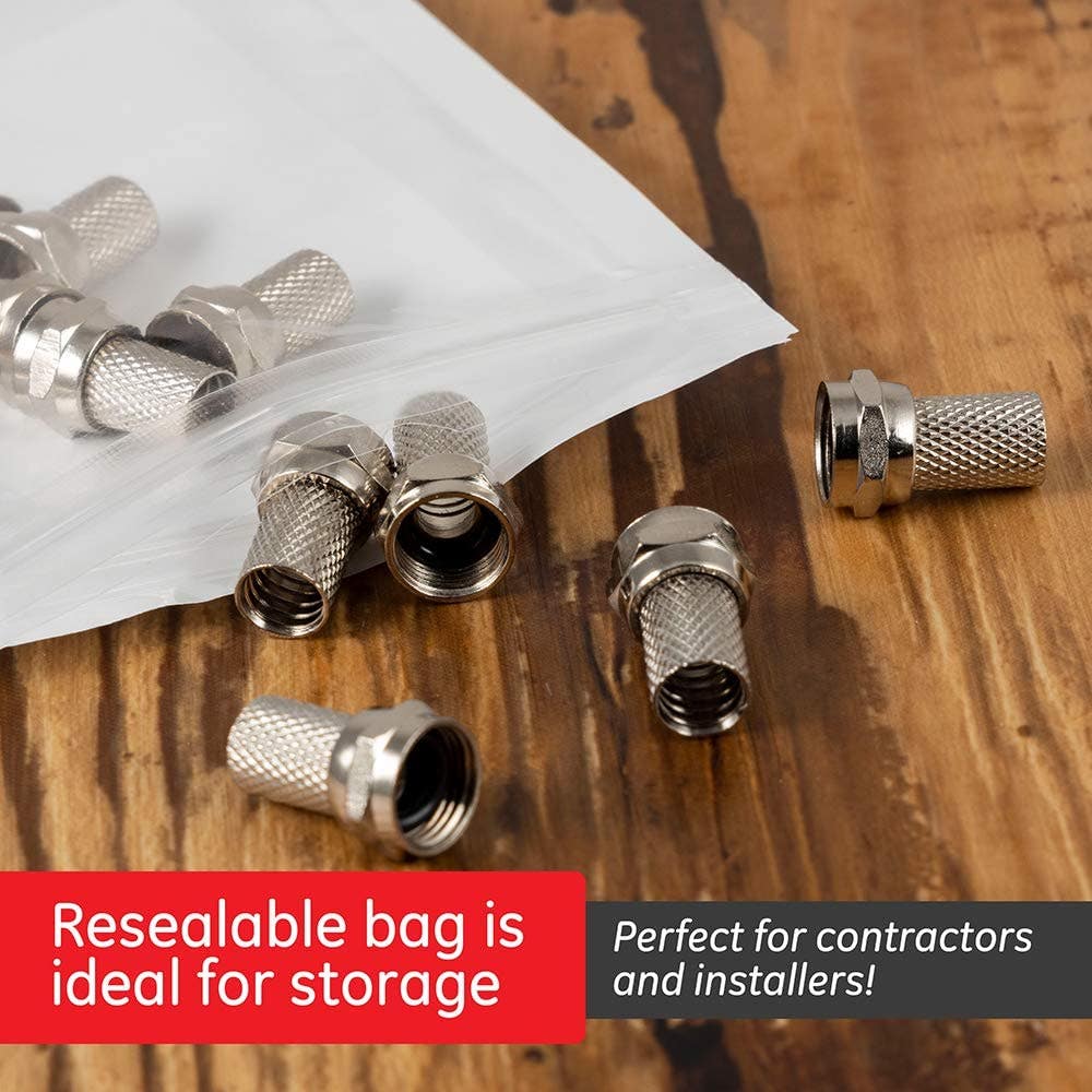 GE RG6 Twist-on F-Type Connectors, 100 Pack, Nickel