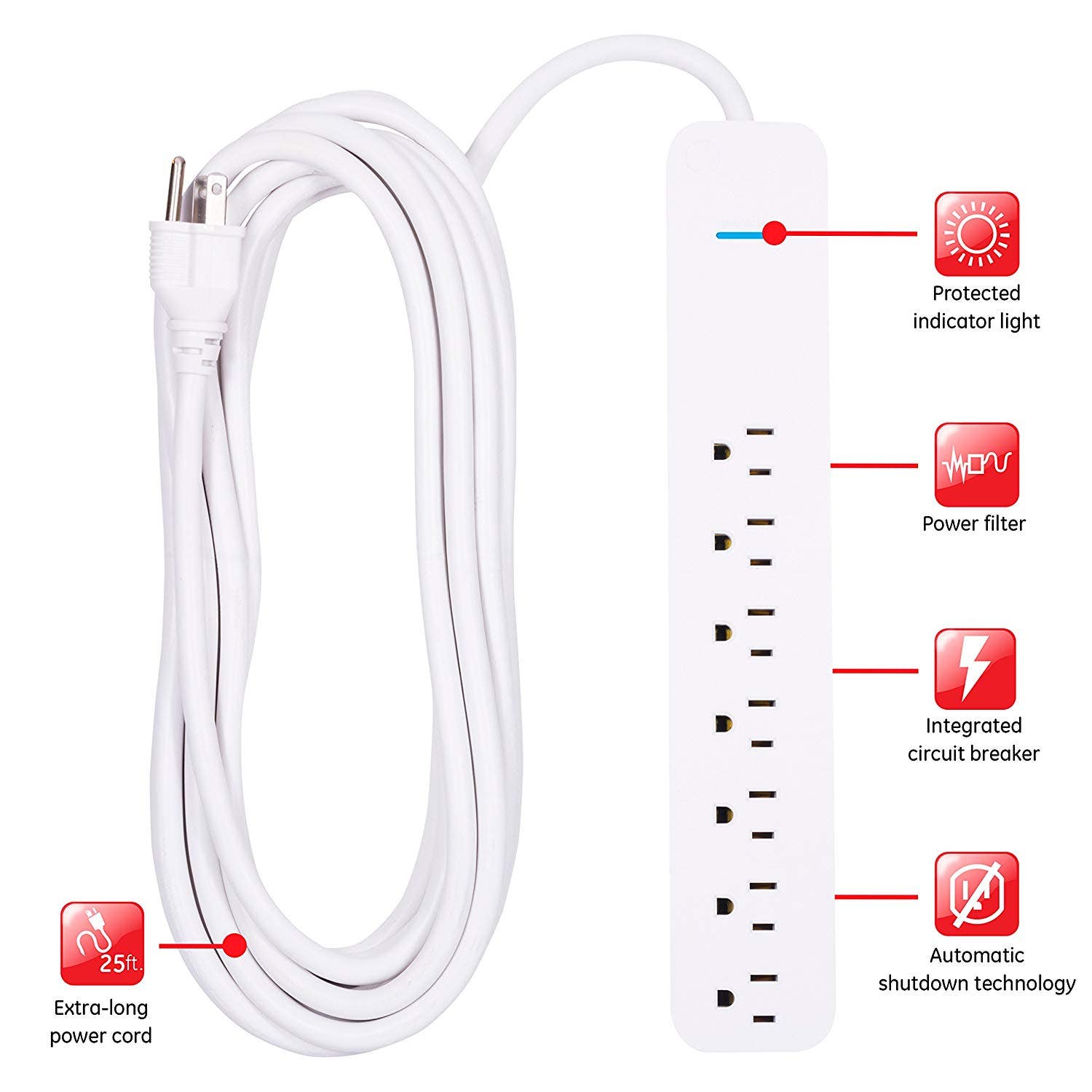 GE Pro 7-Outlet 25ft. Surge Protector, White