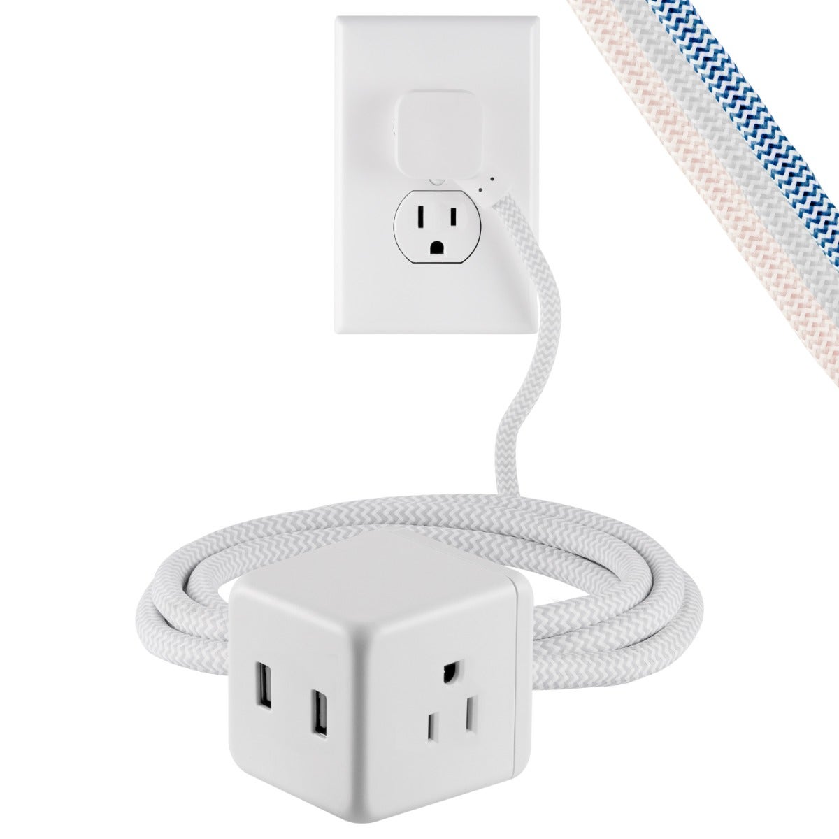 Cordinate 3-Outlet 2-USB 5ft. Braided Extension Cord Cube, White