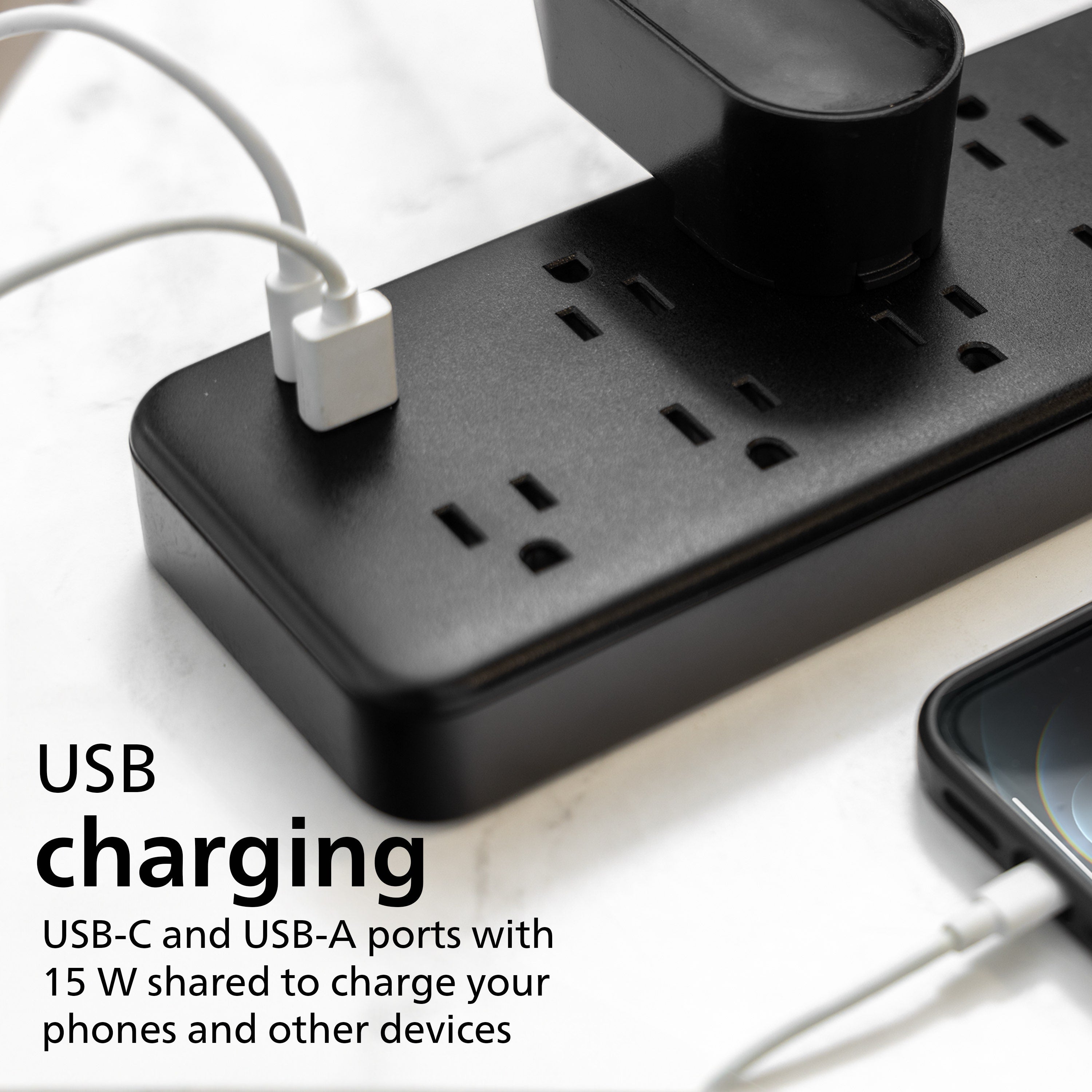 Philips 9-Outlet 6ft. 1 USB-A 1 USB-C Surge Protector With Adapter-Spaced Outlets, Black