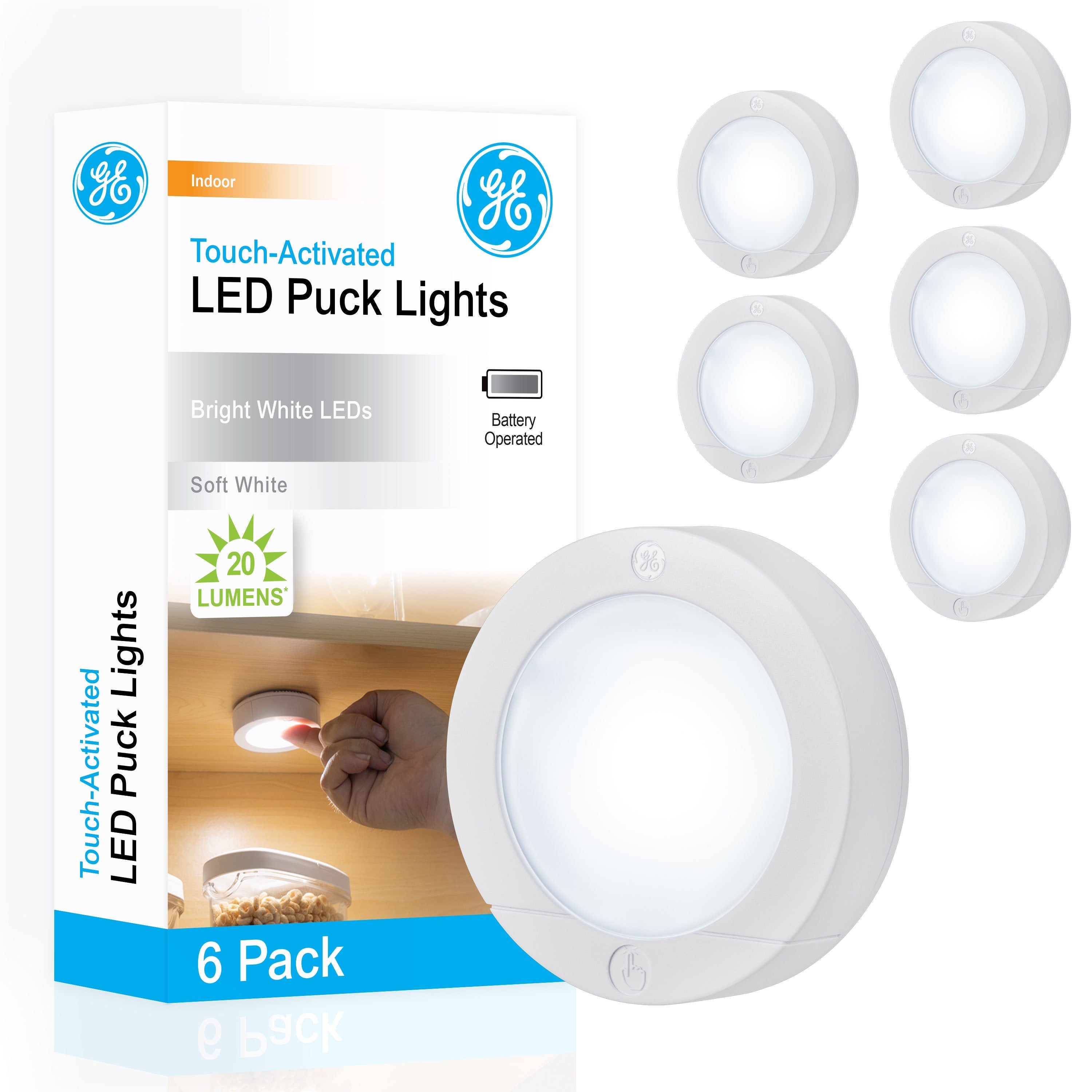 GE Battery Operated LED Puck Light, 6 Pack, White