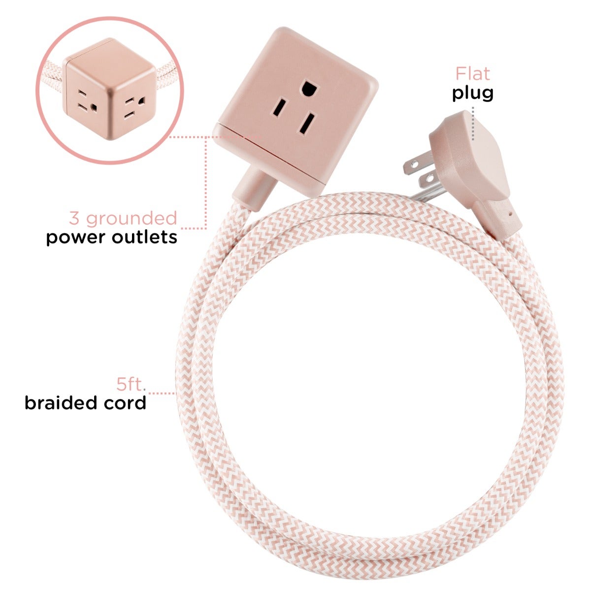 Cordinate 3-Outlet 5ft. Braided Extension Cord Cube, Blush